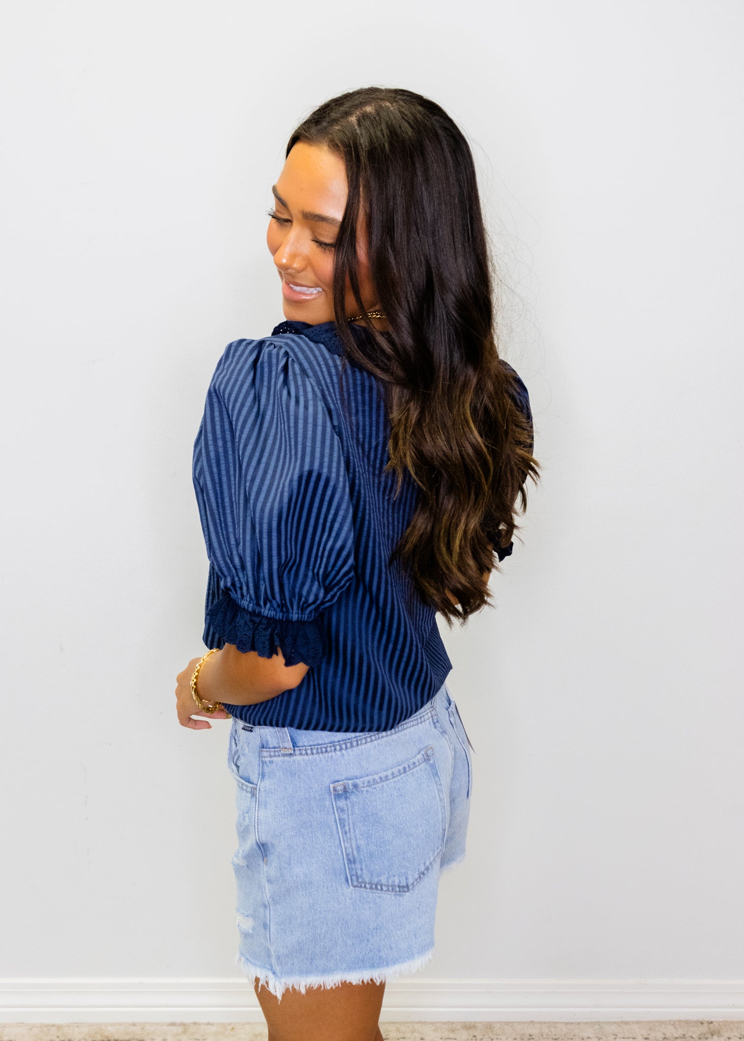 Navy Ruffle Detail Blouse