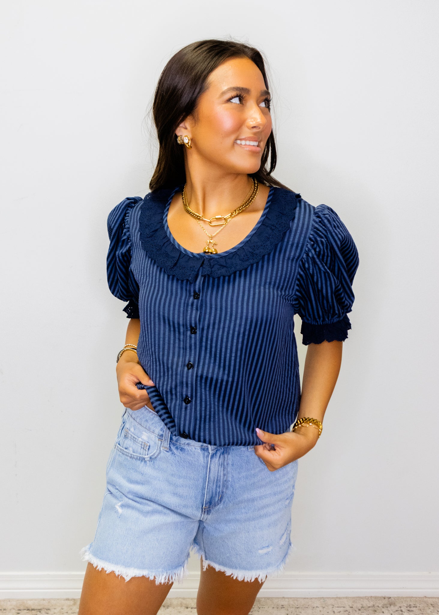 Navy Ruffle Detail Blouse