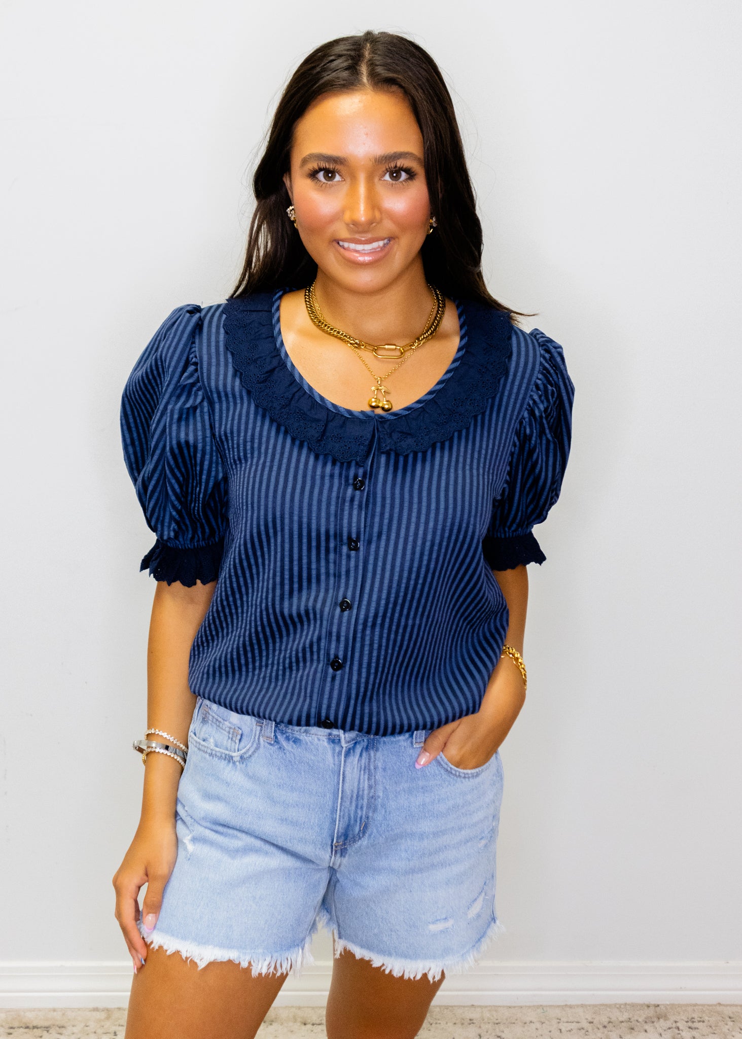 Navy Ruffle Detail Blouse