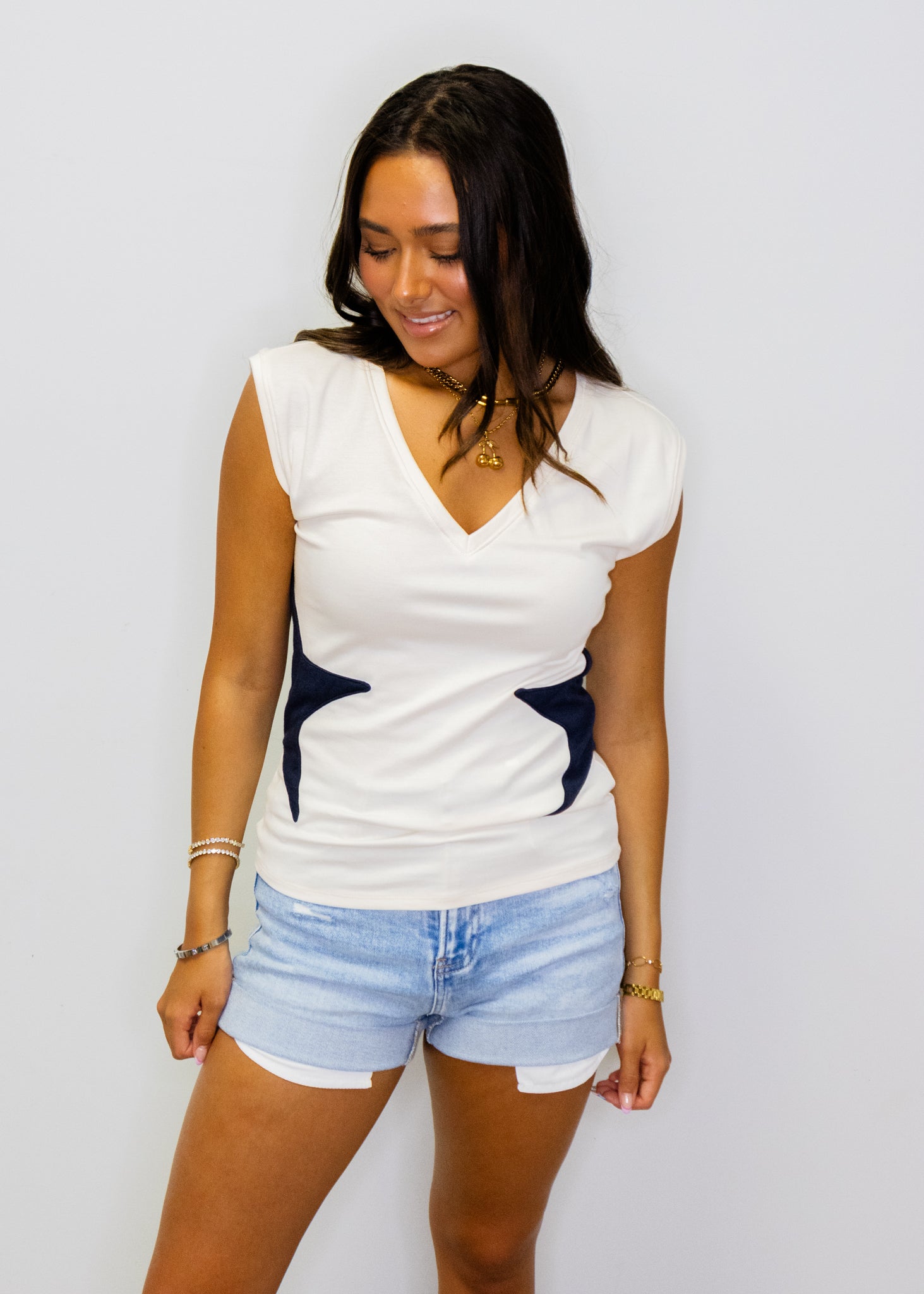 Ivory & Navy Star Fitted Top