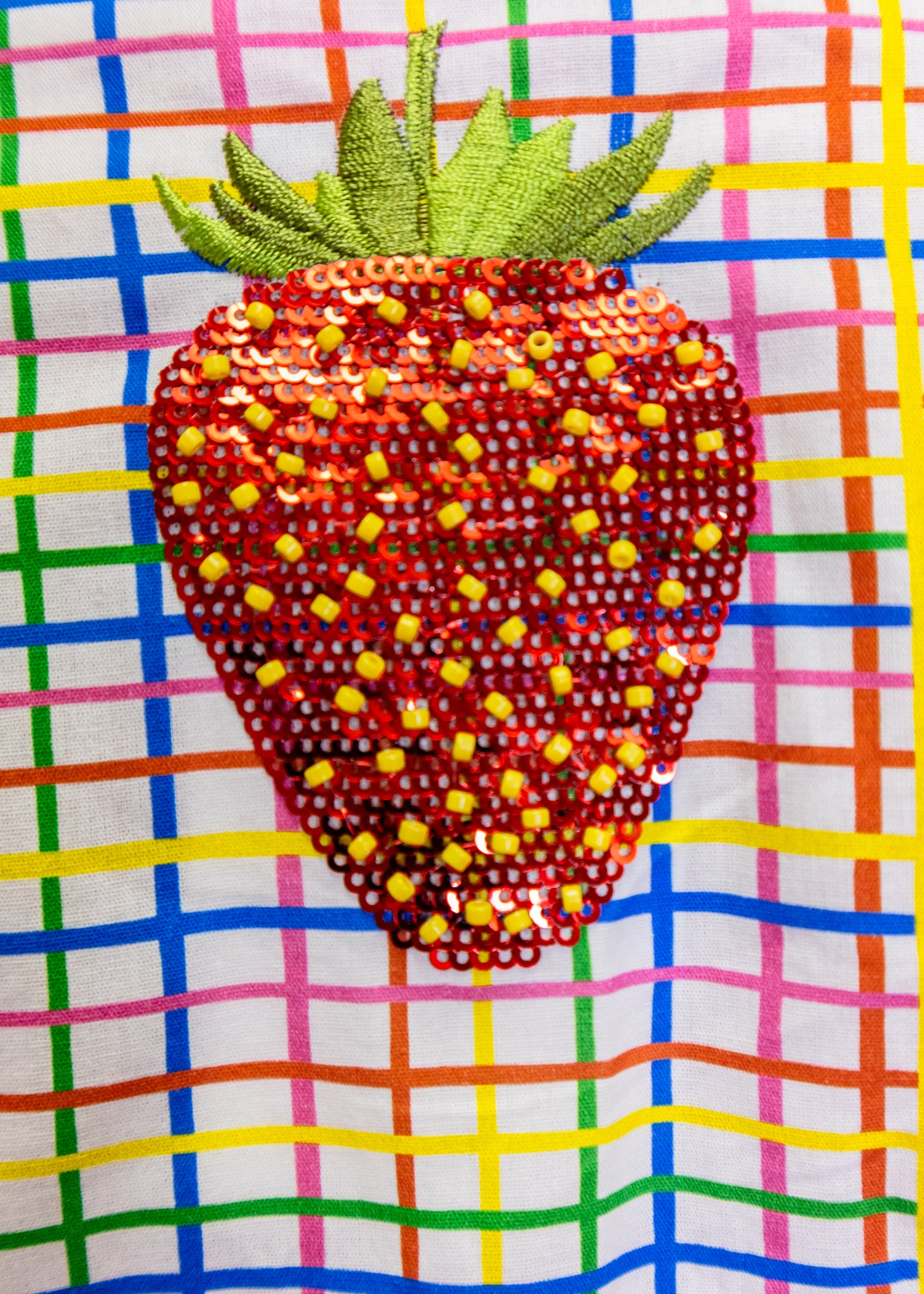 Rainbow Plaid Beaded Strawberry Cotton Romper