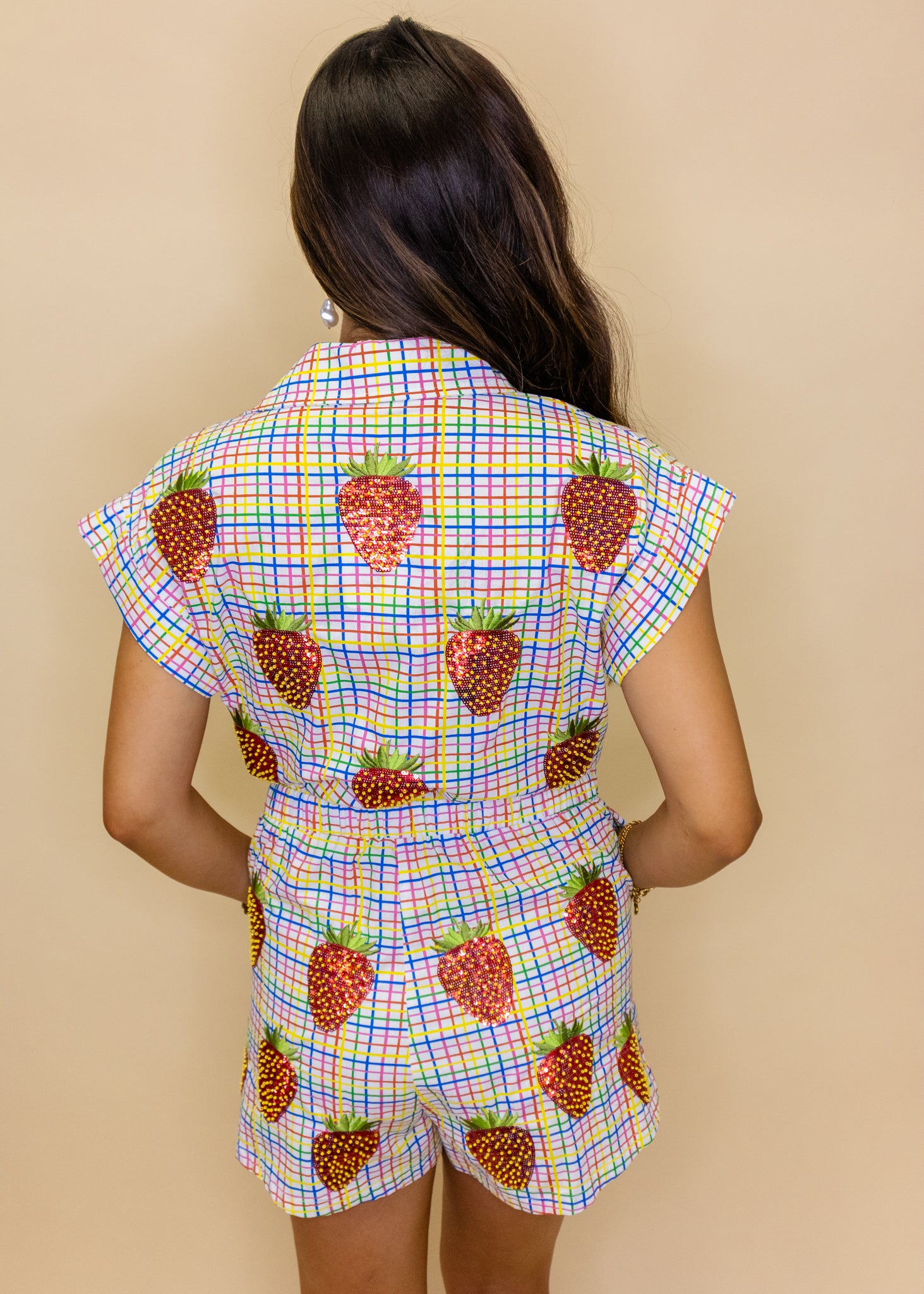 Rainbow Plaid Beaded Strawberry Cotton Romper