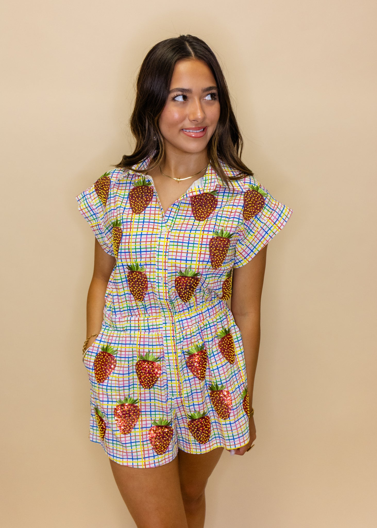 Rainbow Plaid Beaded Strawberry Cotton Romper