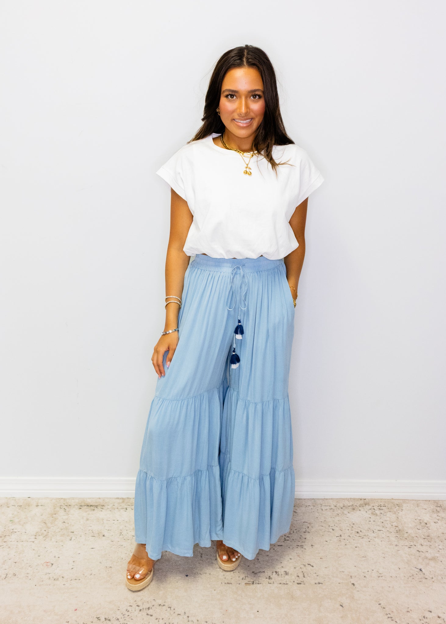 Blue Washed Boho Palazzo Pants