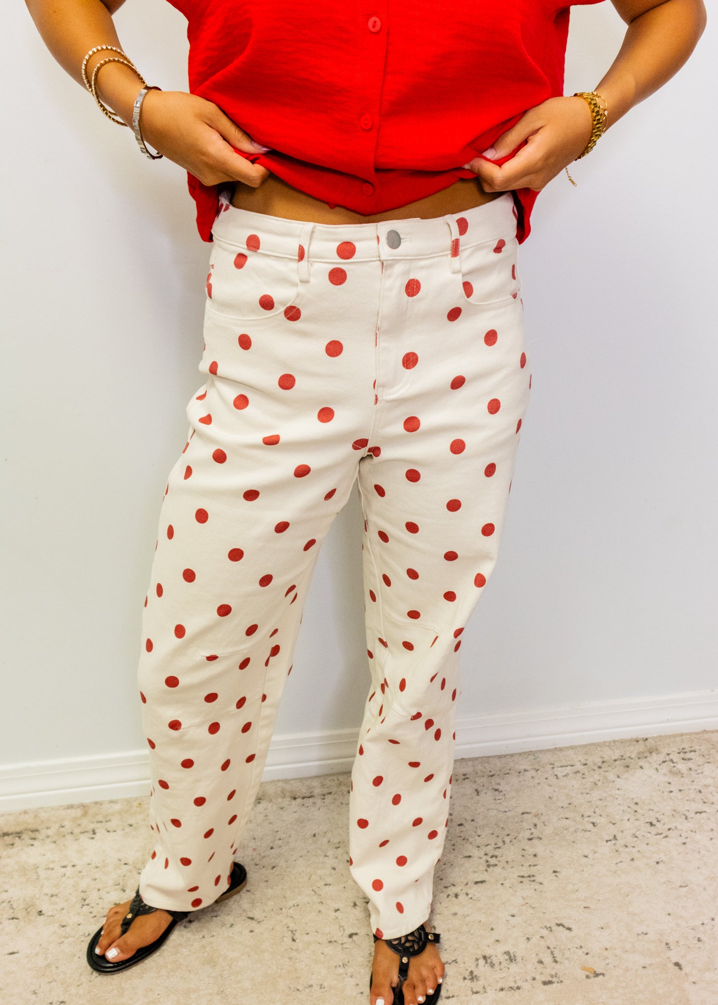 Cream & Red Polka Dot Barrel Pants