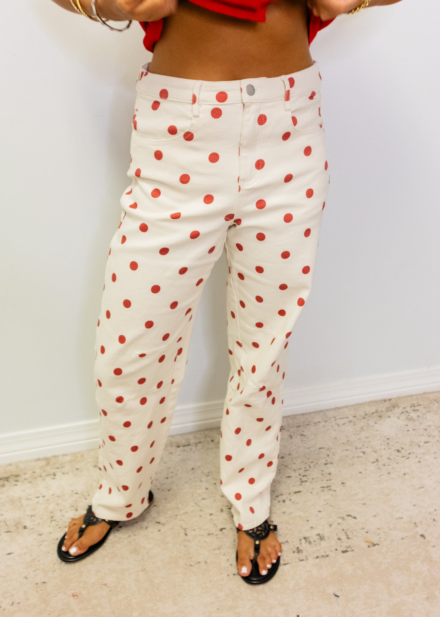 Cream & Red Polka Dot Barrel Pants