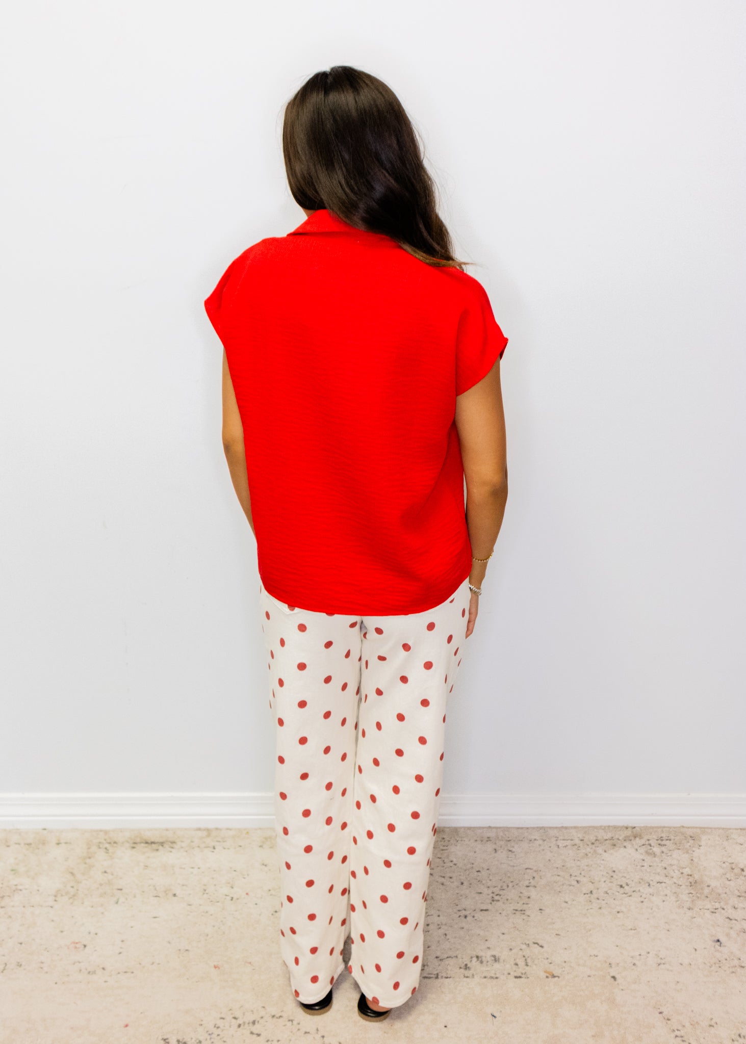 Red Button Down Collar Top