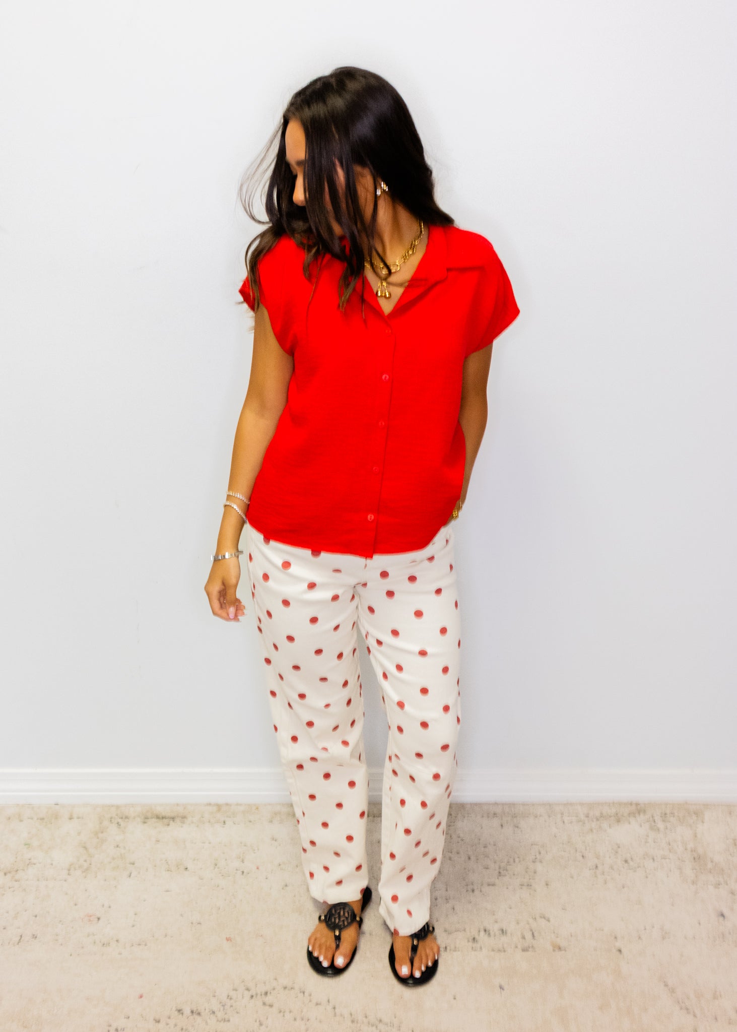 Red Button Down Collar Top