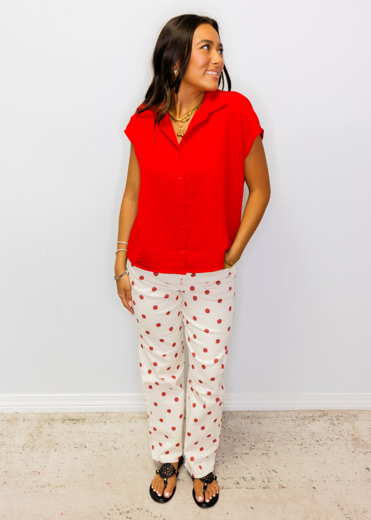 Red Button Down Collar Top