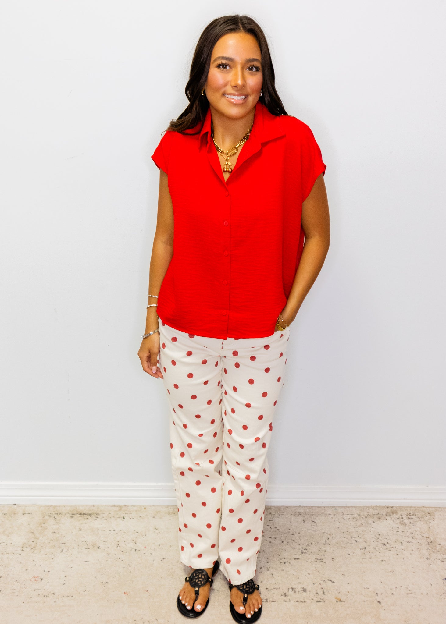 Red Button Down Collar Top