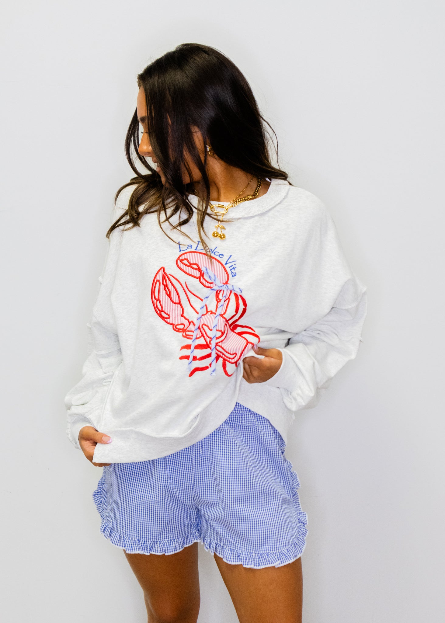 Navy Gingham Dolphin Hem Shorts