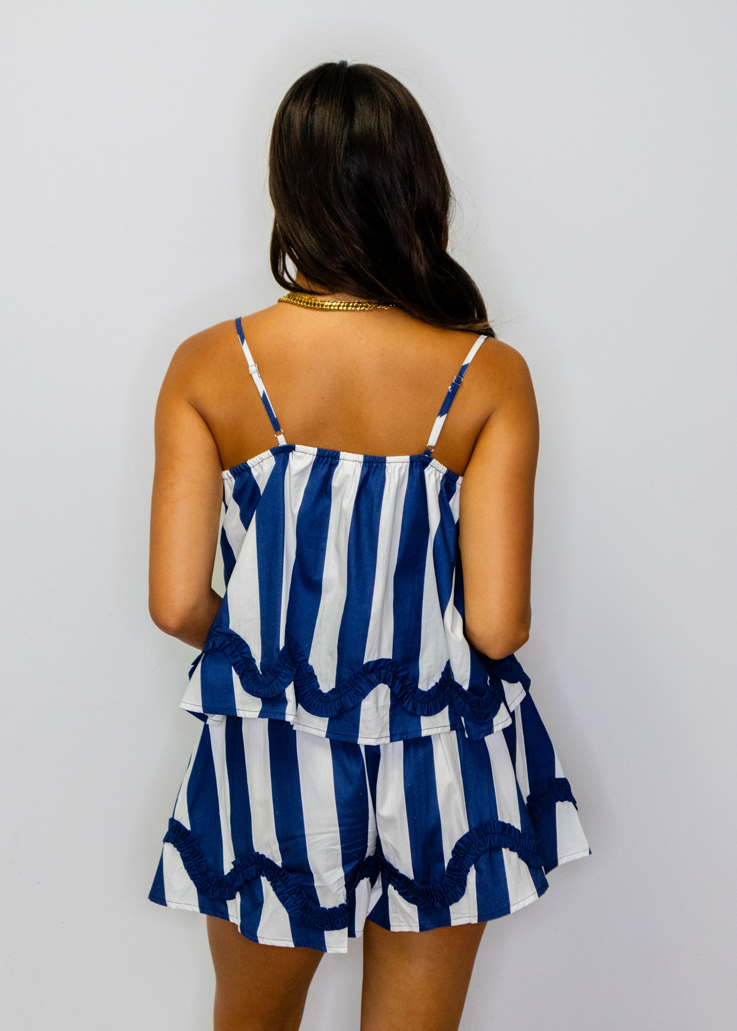 Navy Stripe Ruffle Shorts Set