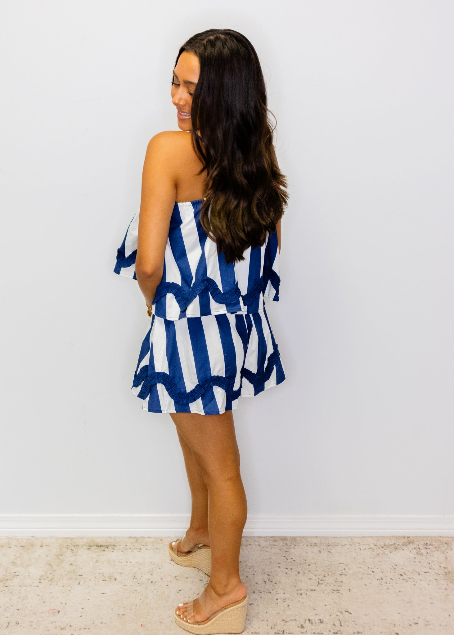 Navy Stripe Ruffle Shorts Set