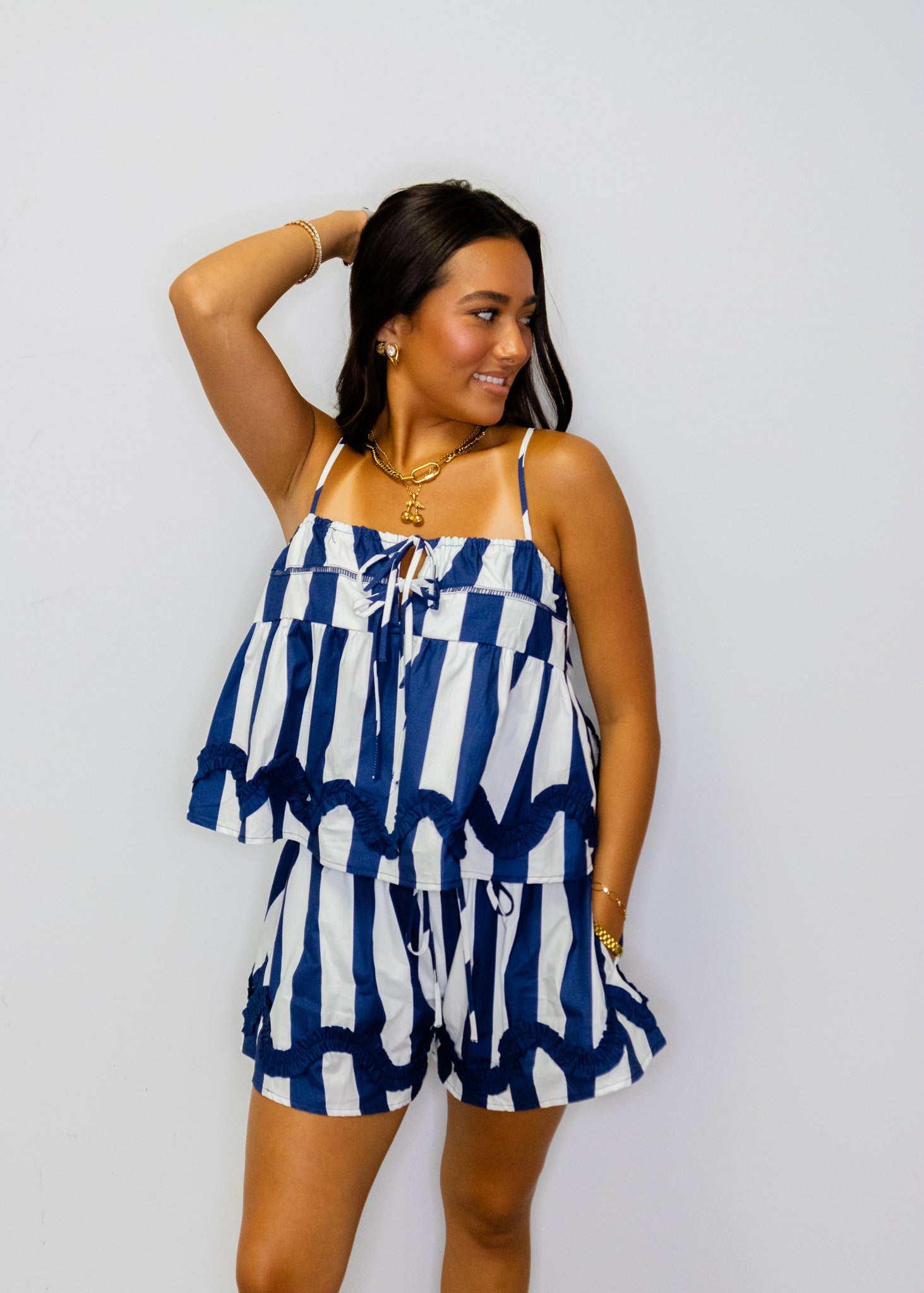 Navy Stripe Ruffle Shorts Set