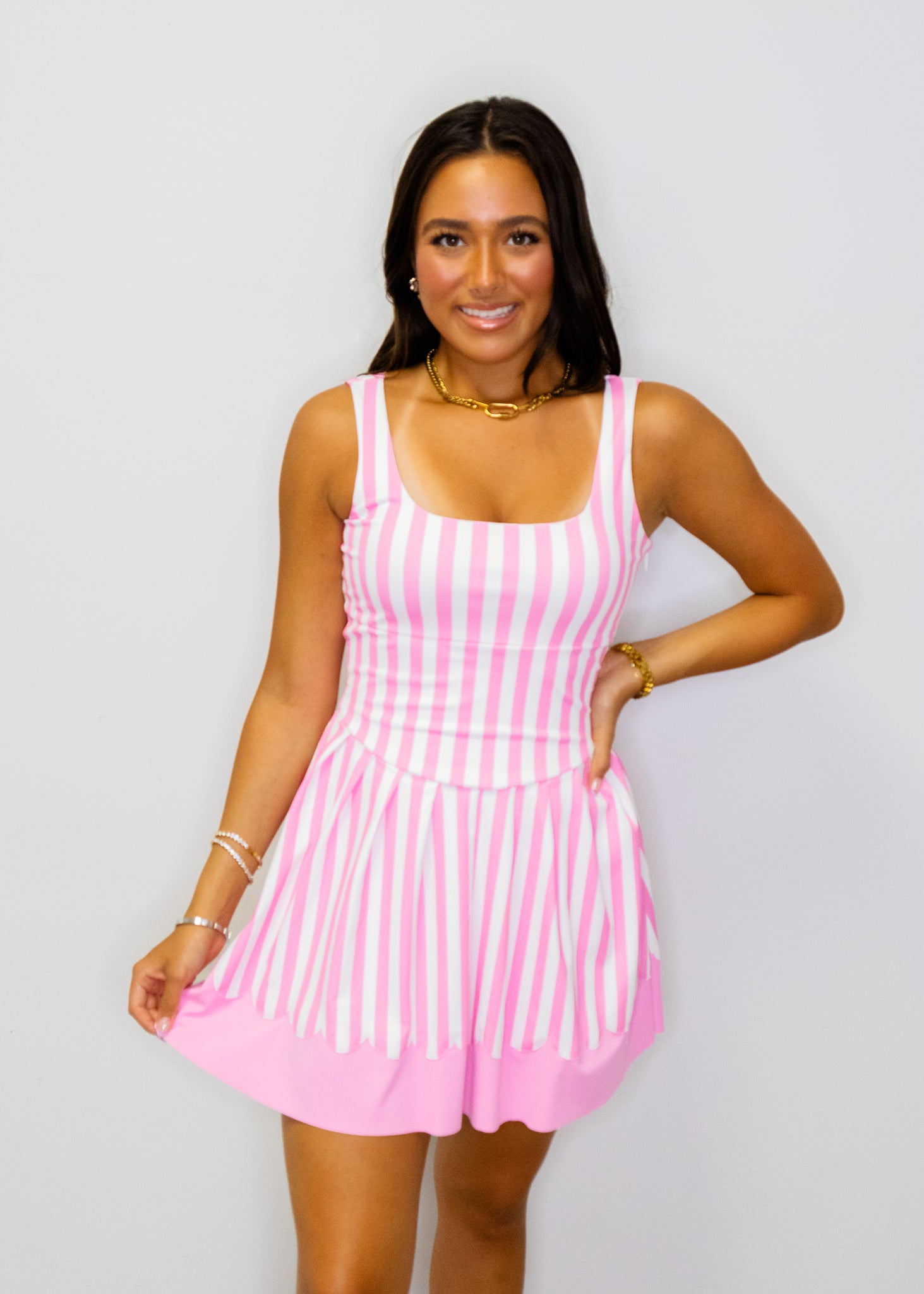 Pink Wide Stripe Pleated Active Dress