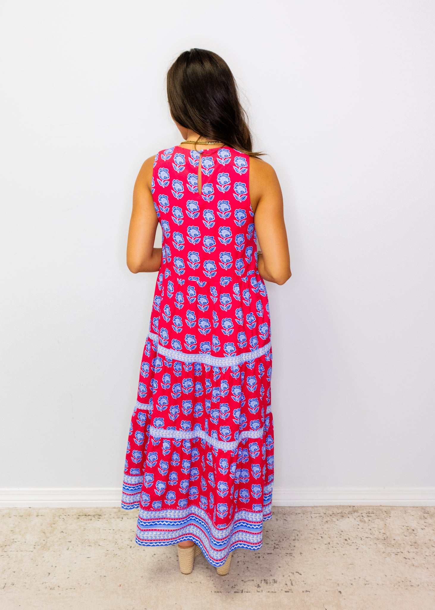 Magenta Floral Tiered Midi Dress