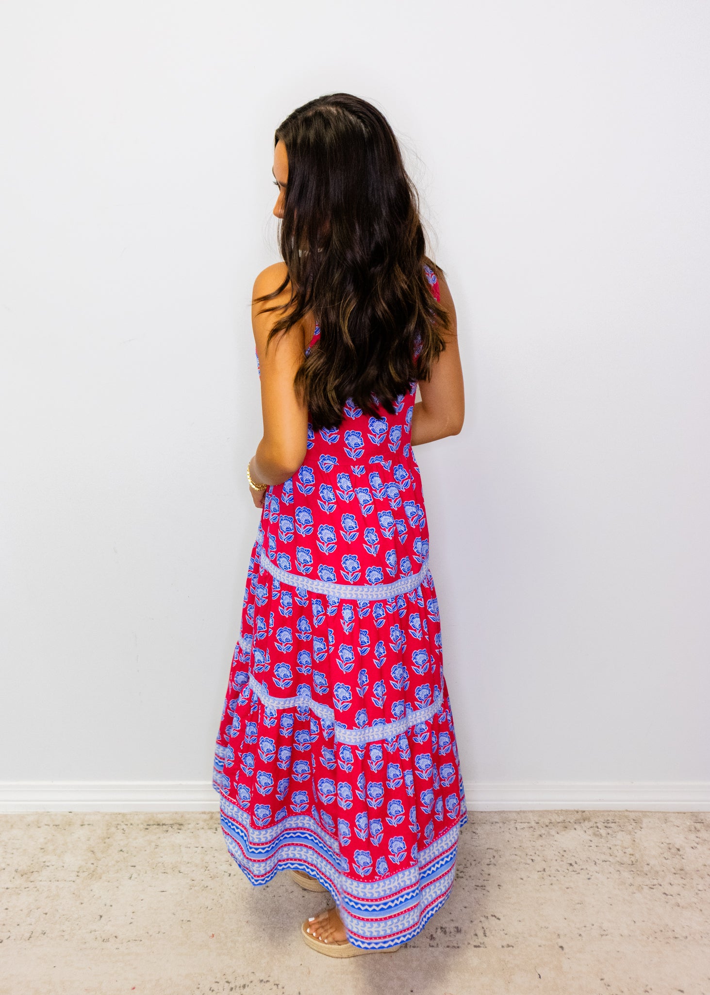 Magenta Floral Tiered Midi Dress