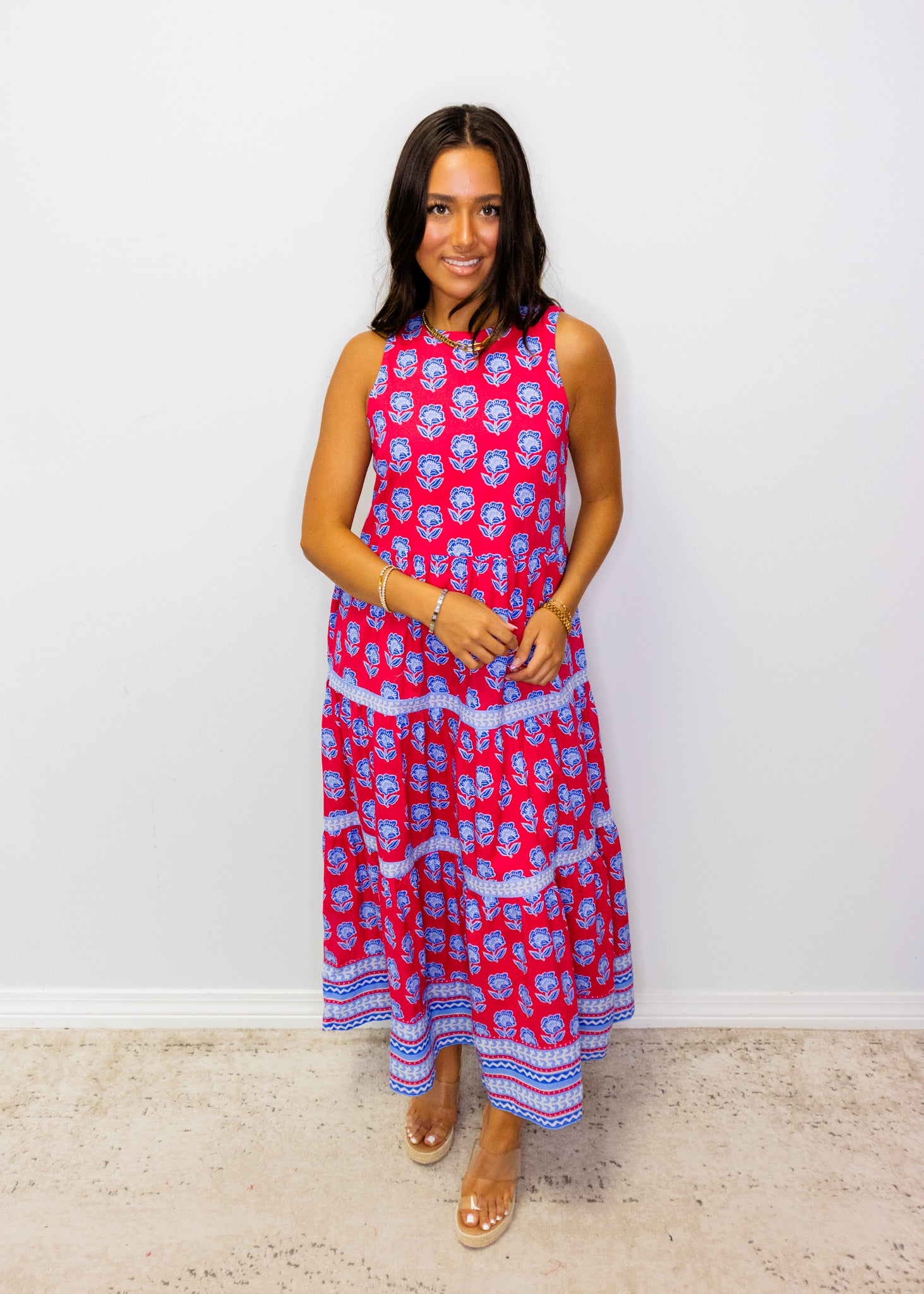 Magenta Floral Tiered Midi Dress