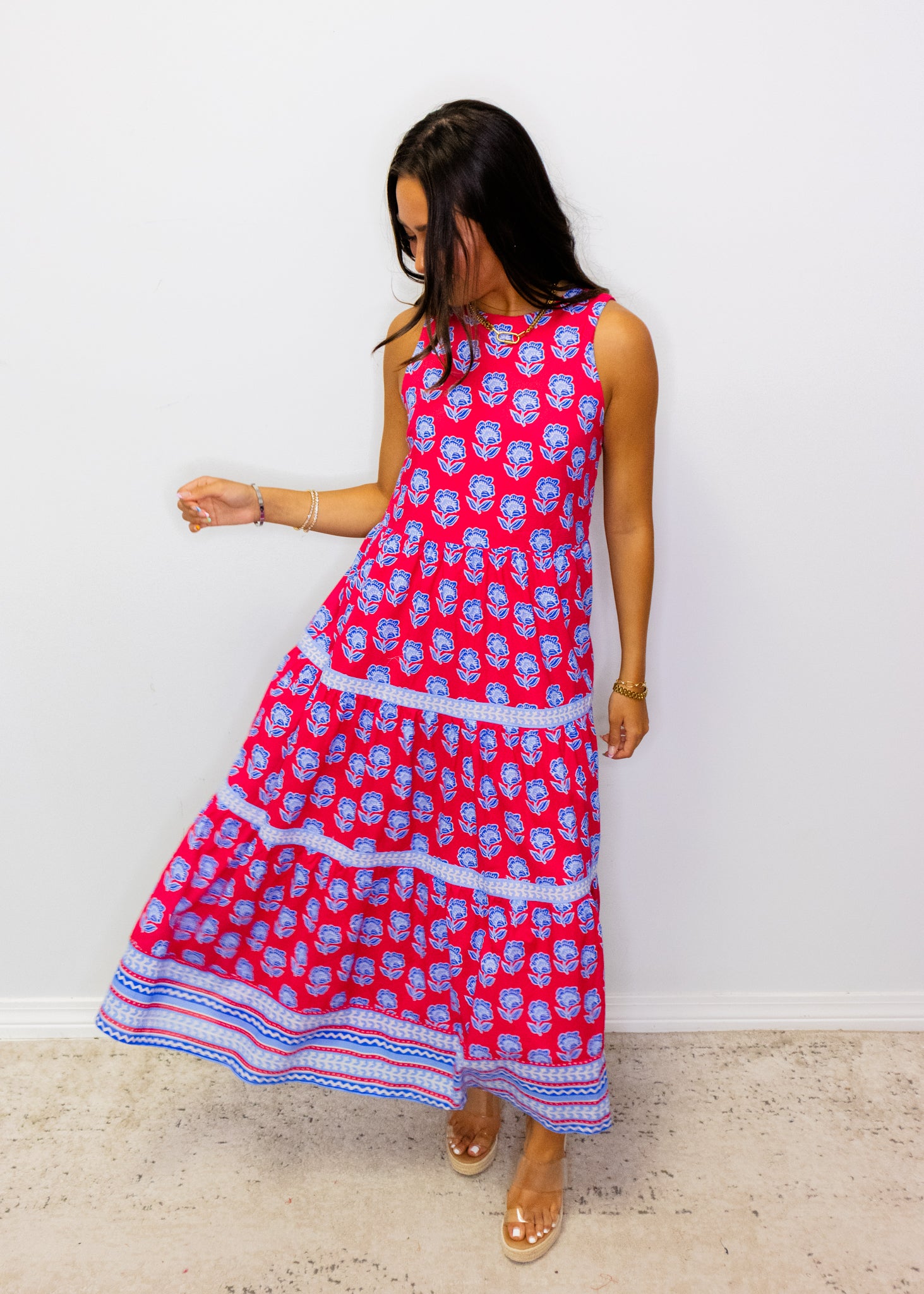 Magenta Floral Tiered Midi Dress