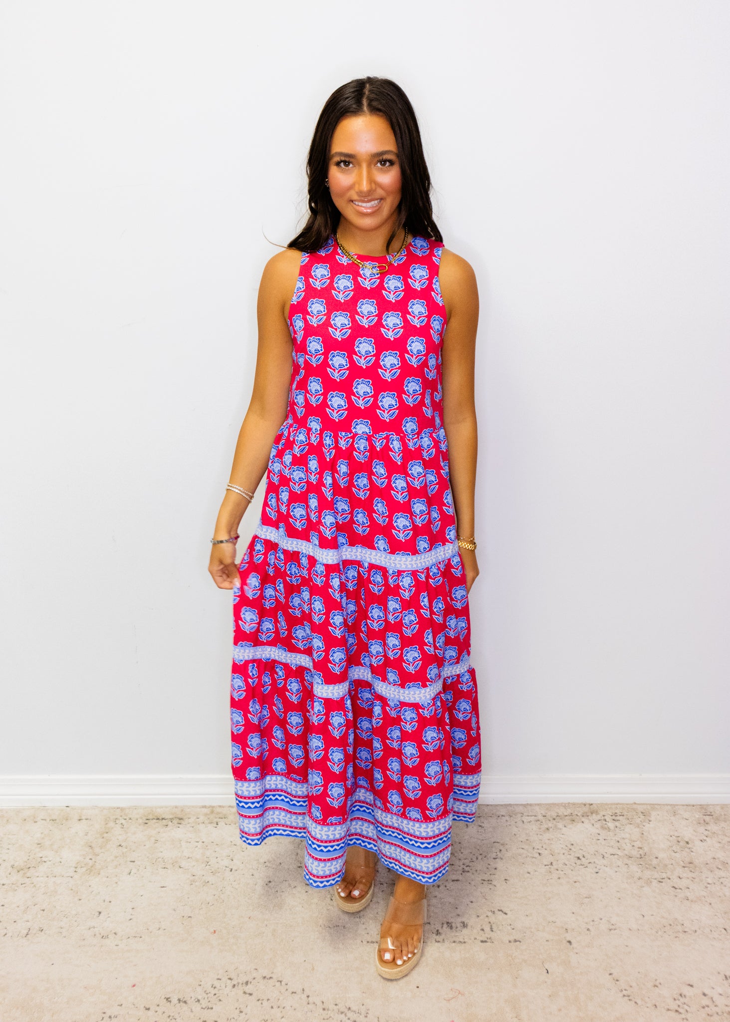 Magenta Floral Tiered Midi Dress