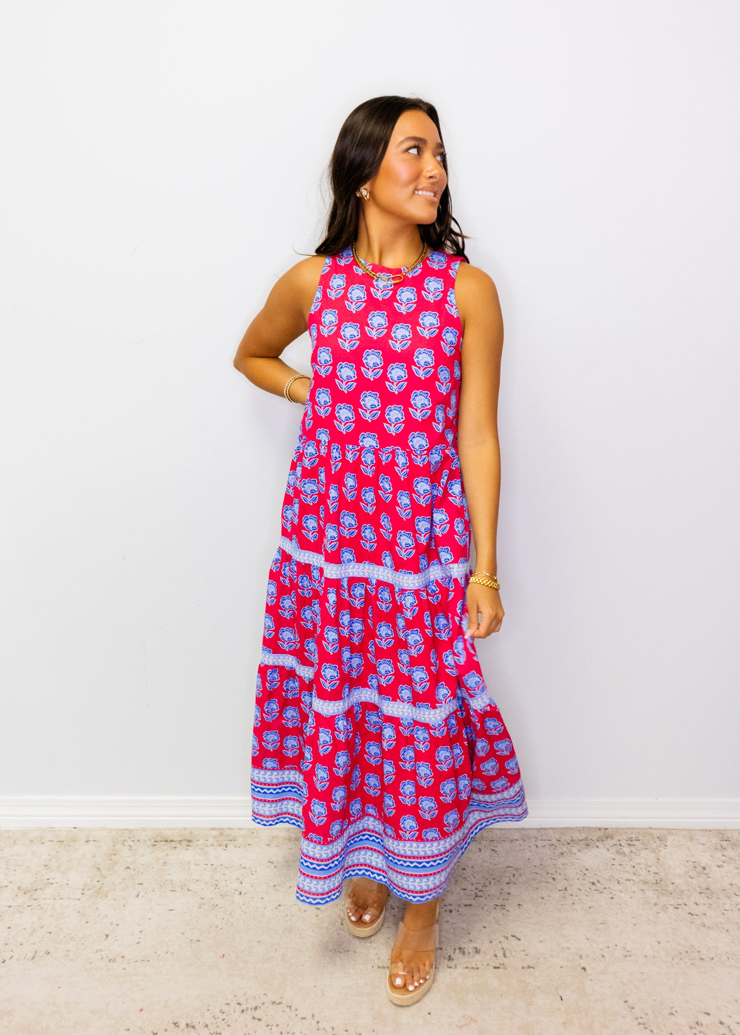 Magenta Floral Tiered Midi Dress