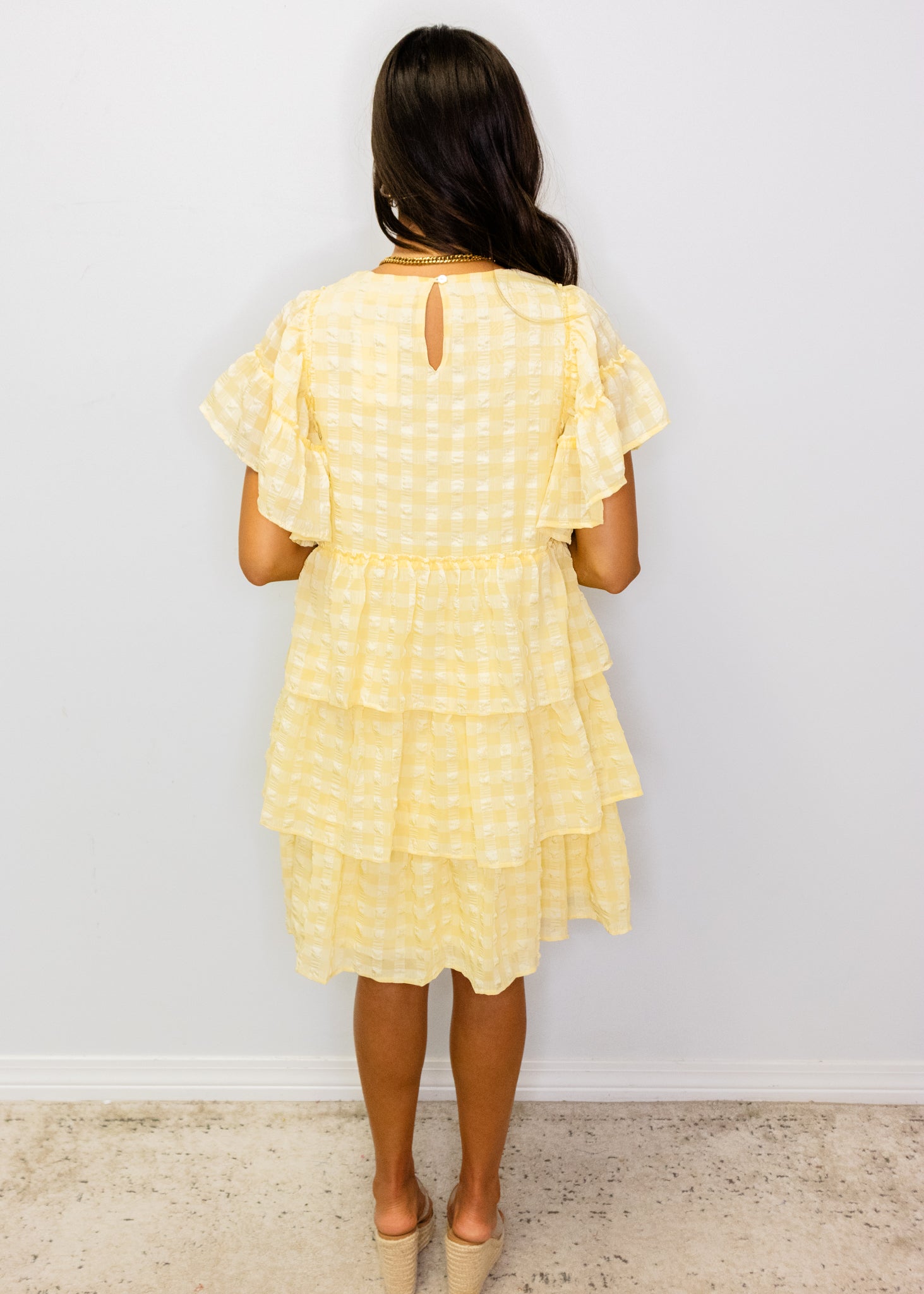 Yellow Seersucker Tiered Dress