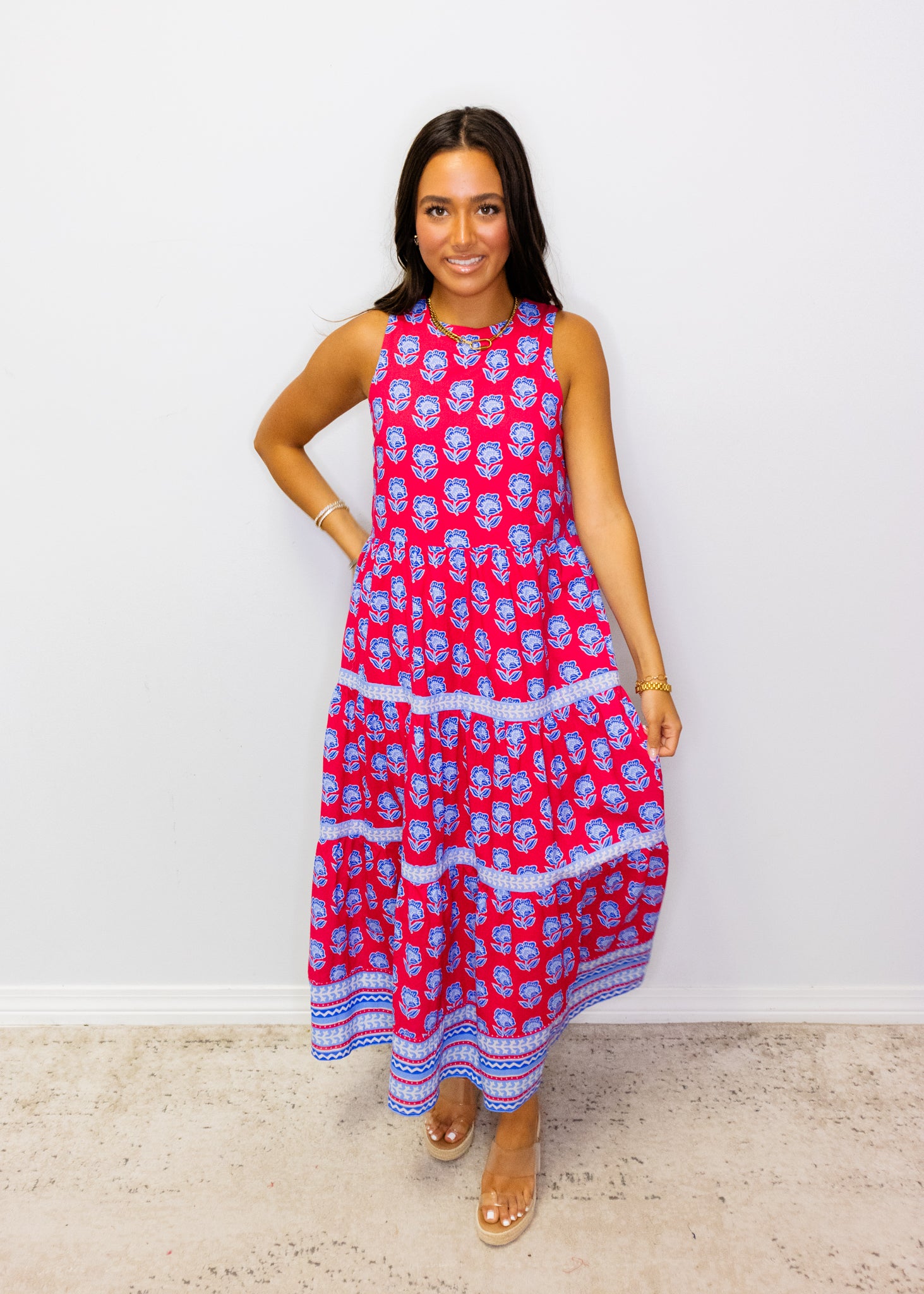 Magenta Floral Tiered Midi Dress
