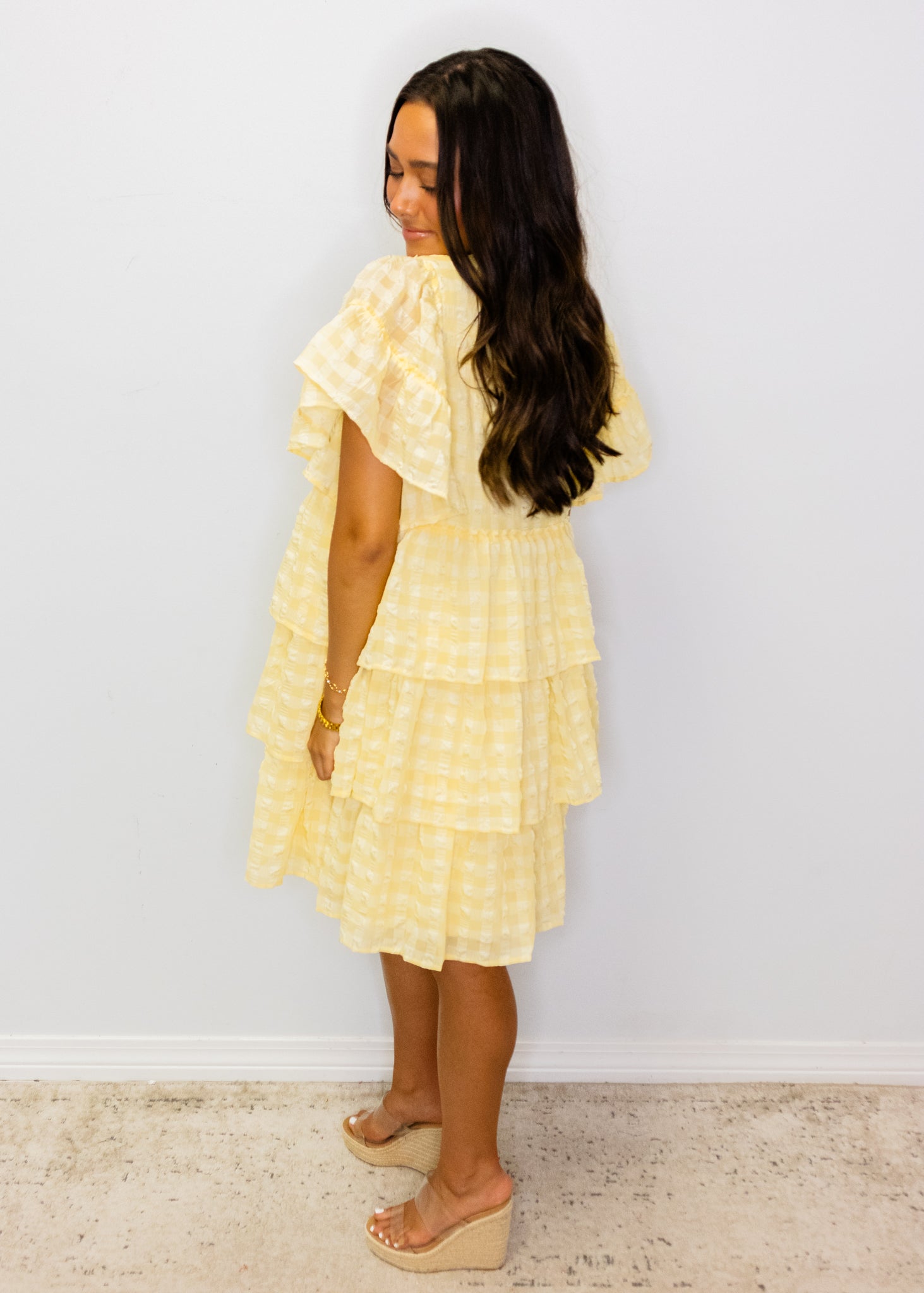 Yellow Seersucker Tiered Dress