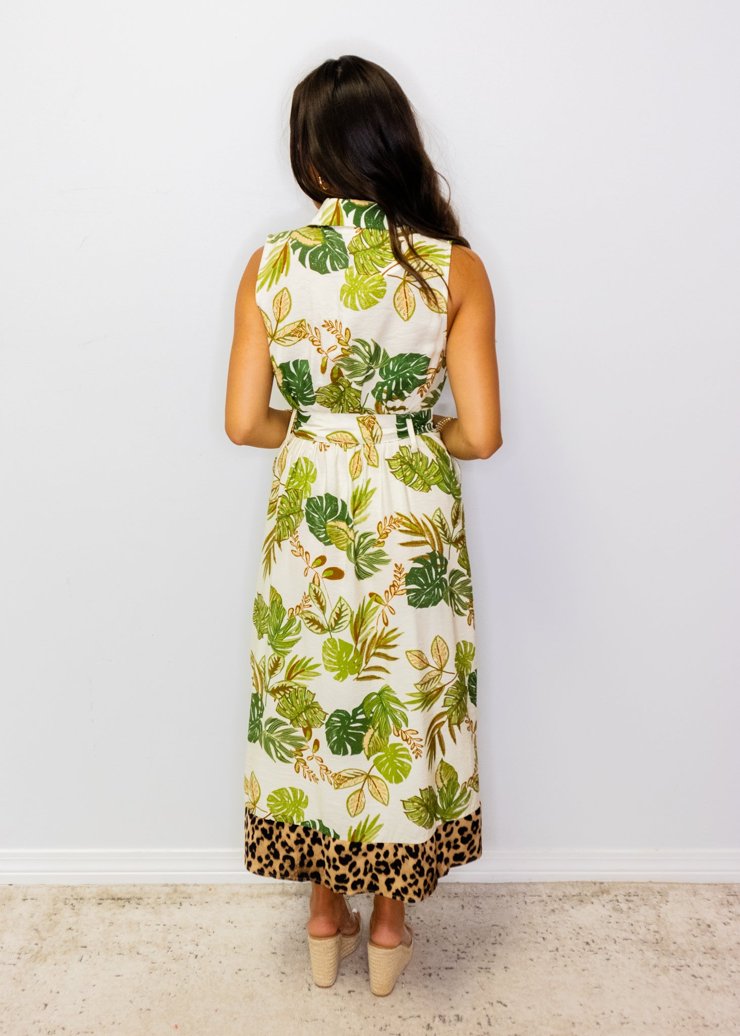 Green Tropical Belted Midi Dress