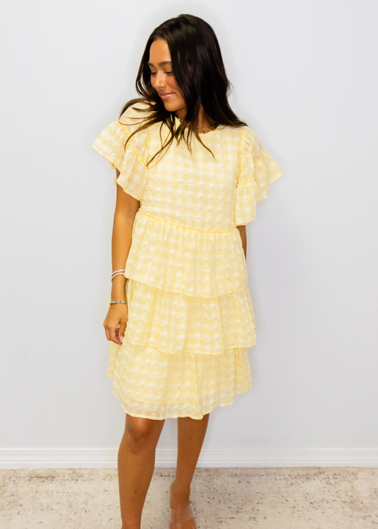 Yellow Seersucker Tiered Dress