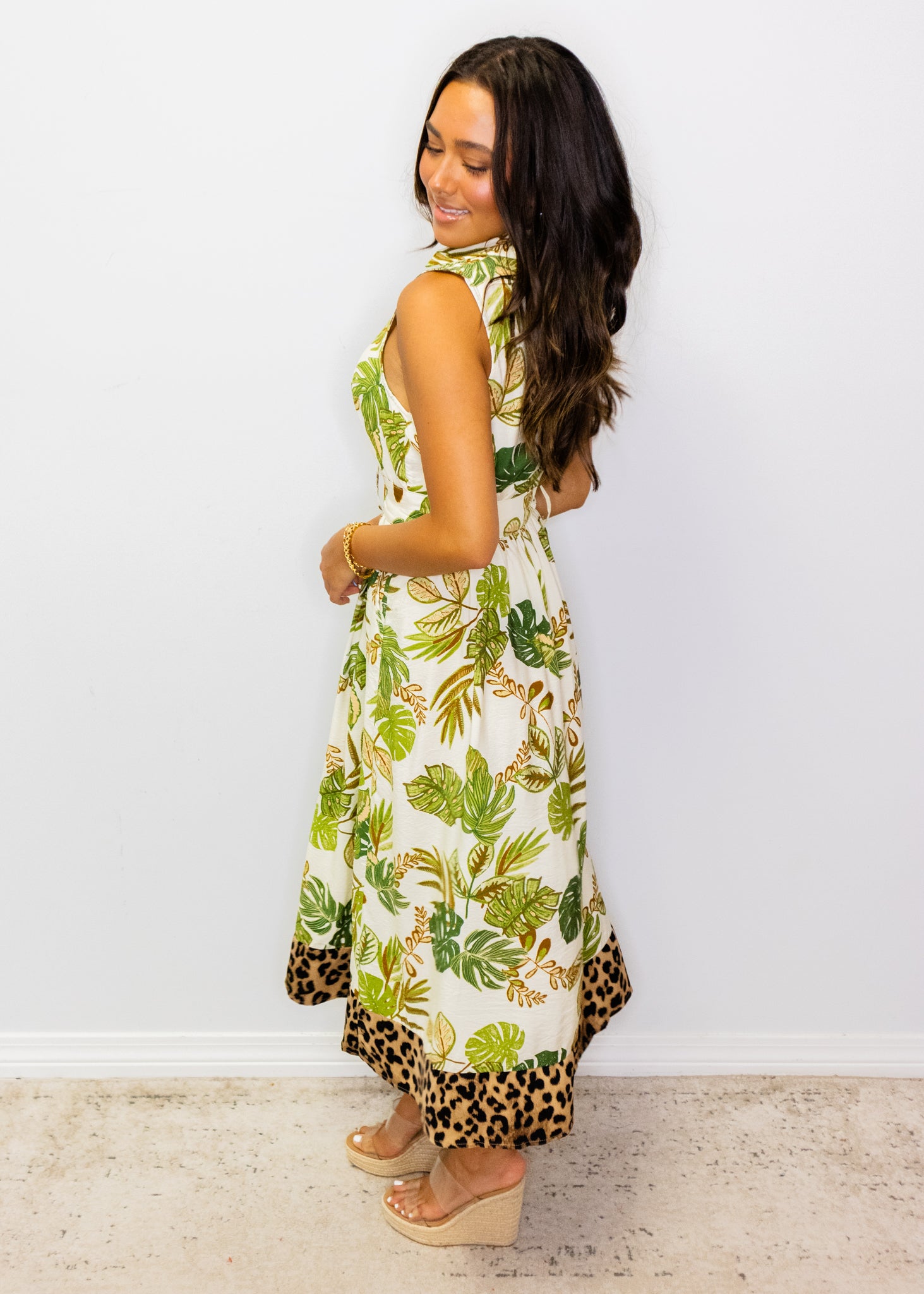 Green Tropical Belted Midi Dress
