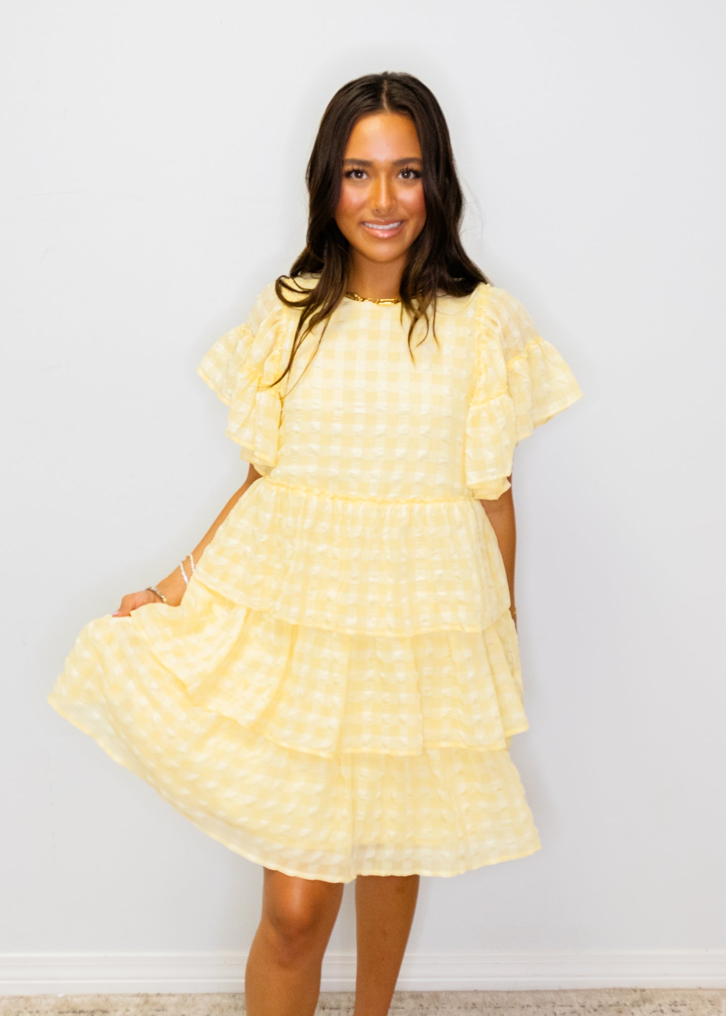 Yellow Seersucker Tiered Dress