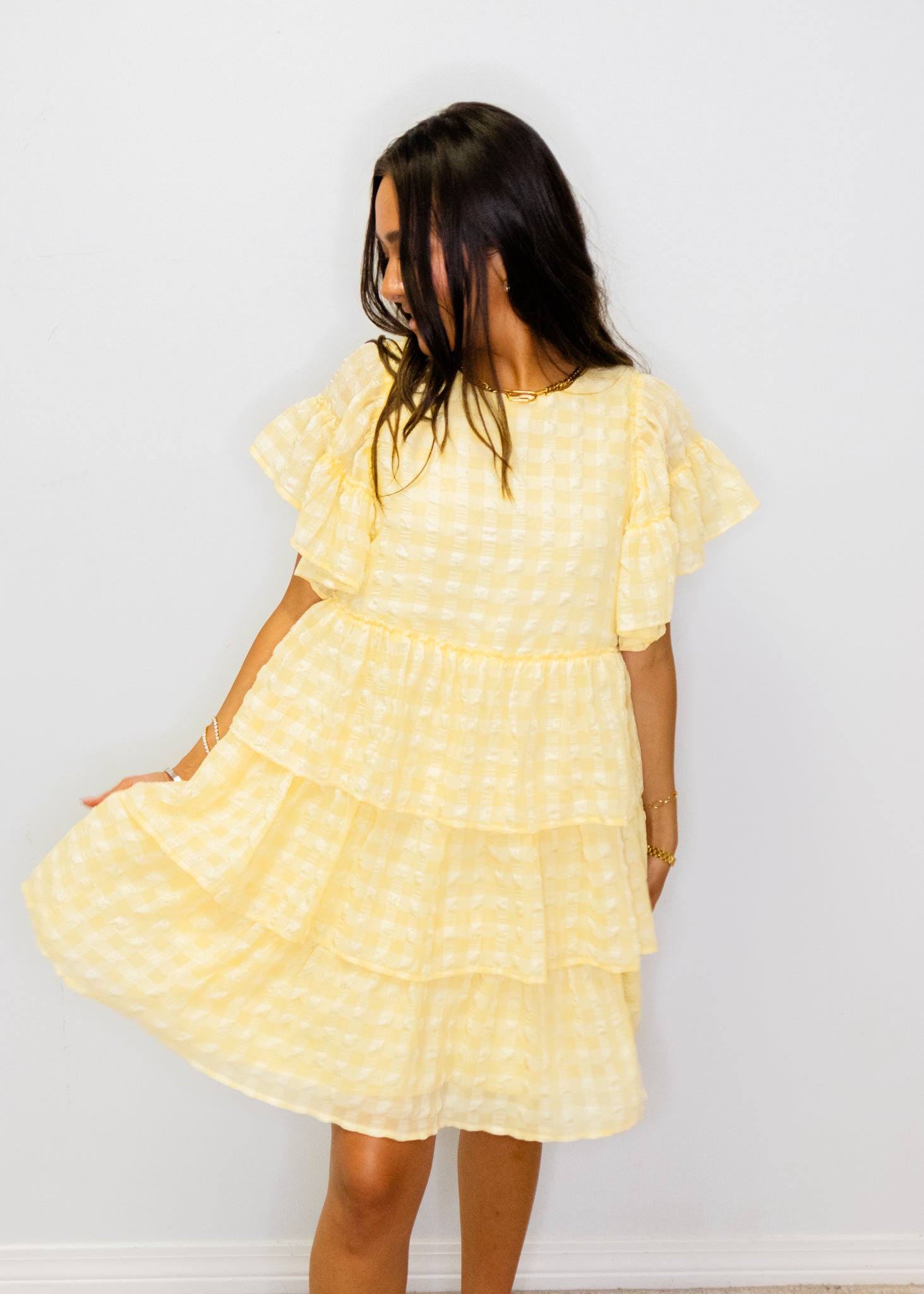 Yellow Seersucker Tiered Dress
