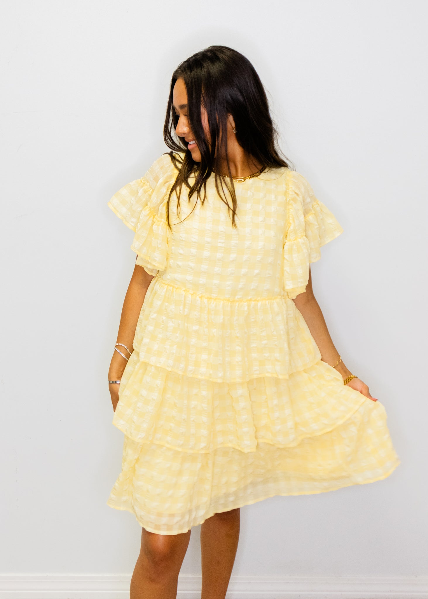 Yellow Seersucker Tiered Dress