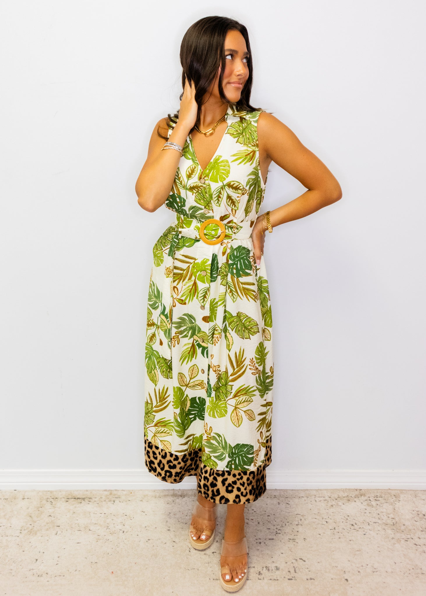 Green Tropical Belted Midi Dress