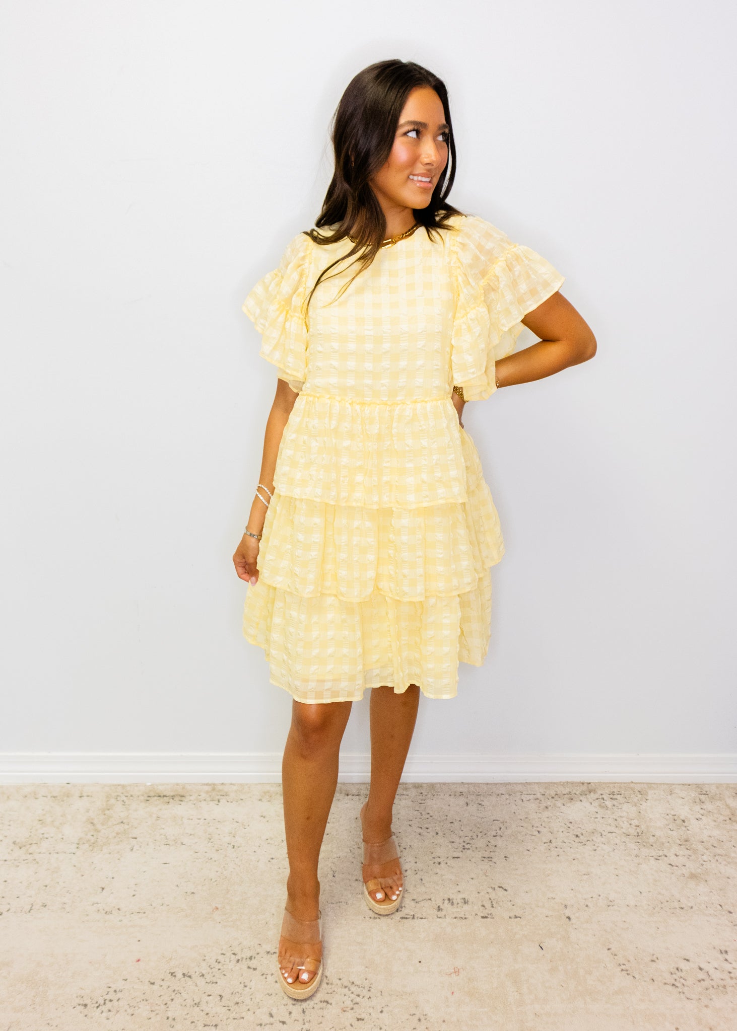 Yellow Seersucker Tiered Dress