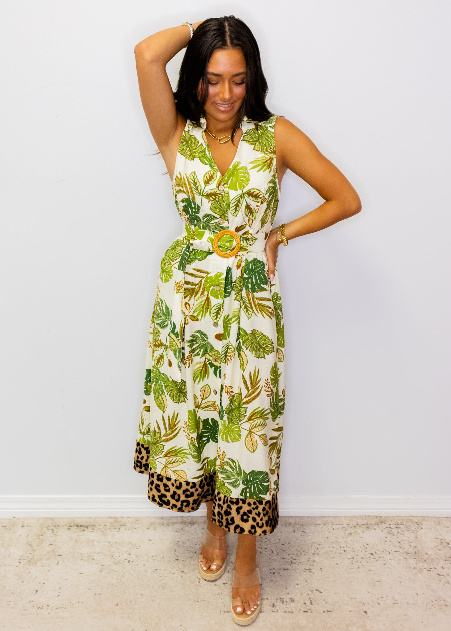 Green Tropical Belted Midi Dress