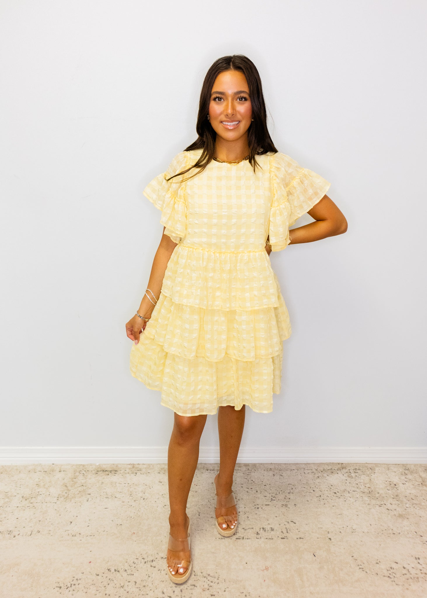 Yellow Seersucker Tiered Dress