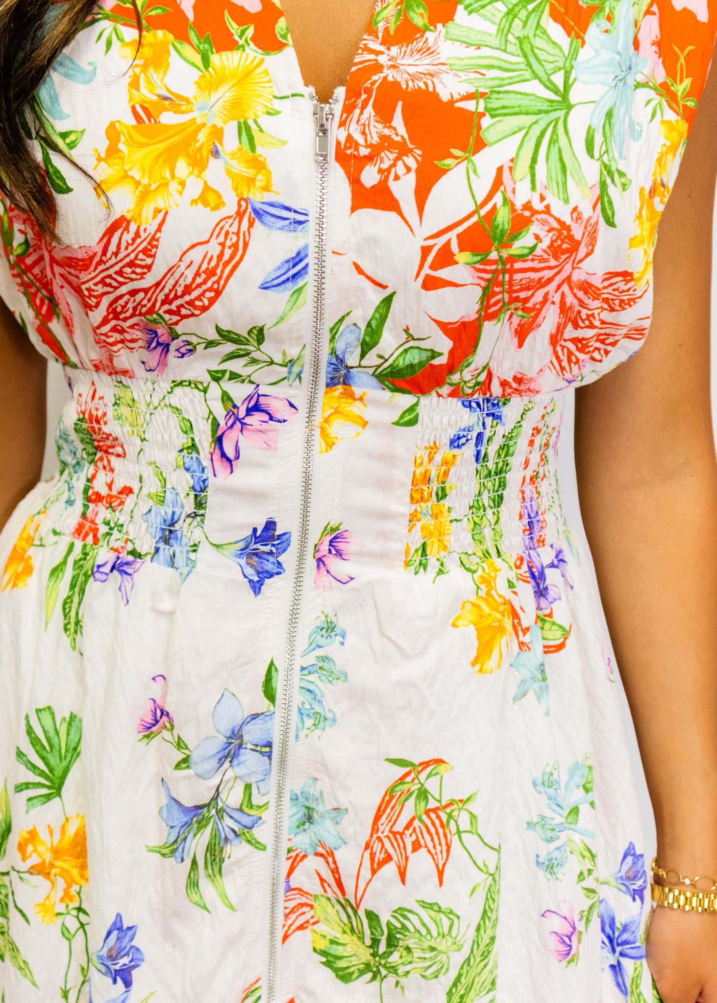 Red Multi Floral Smocked Midi Dress