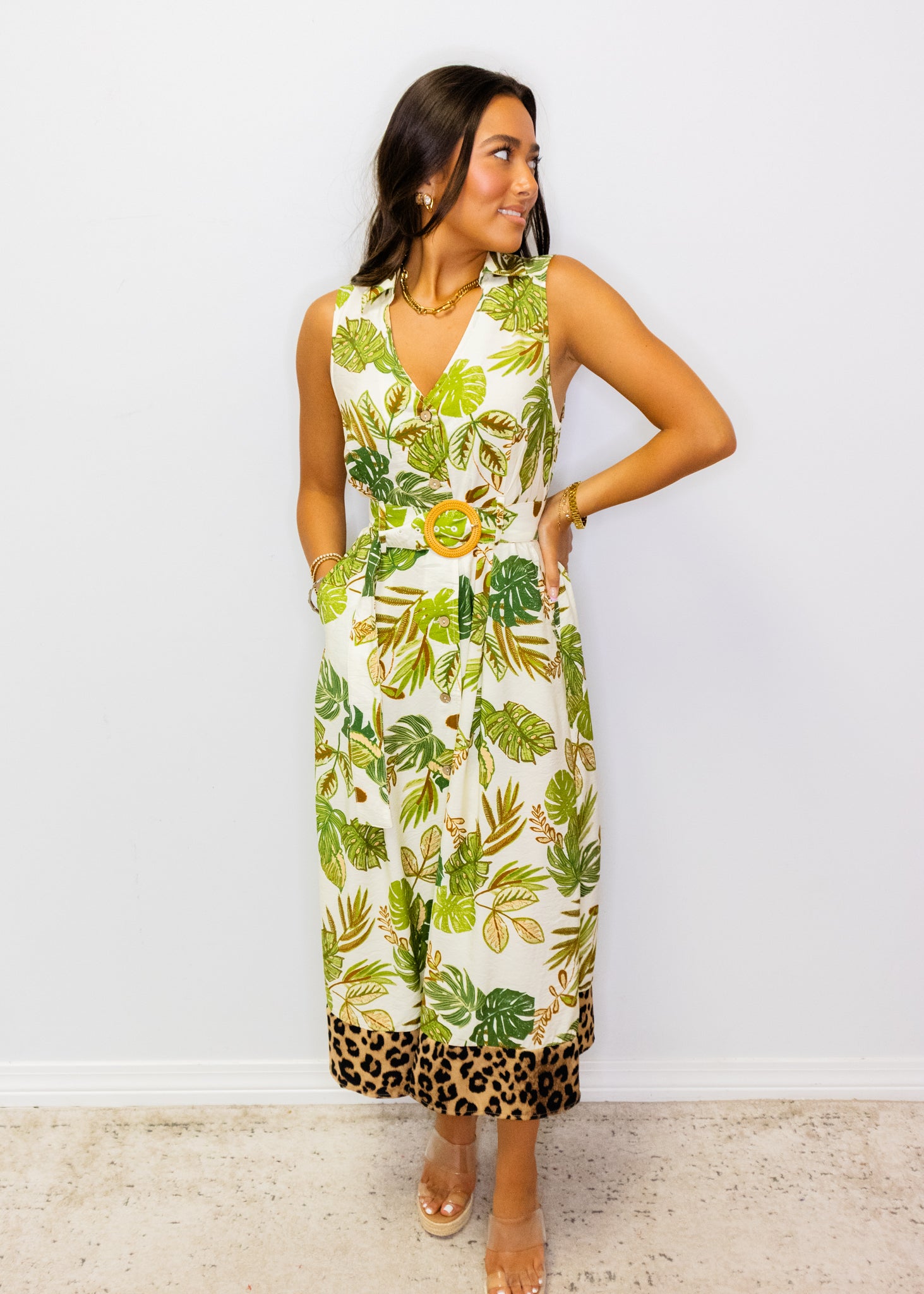 Green Tropical Belted Midi Dress