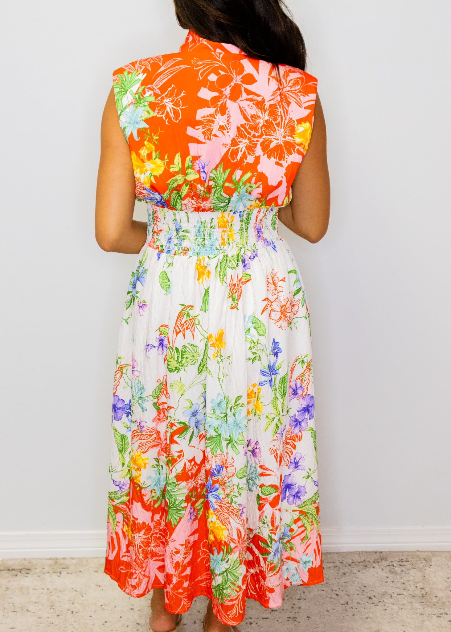 Red Multi Floral Smocked Midi Dress