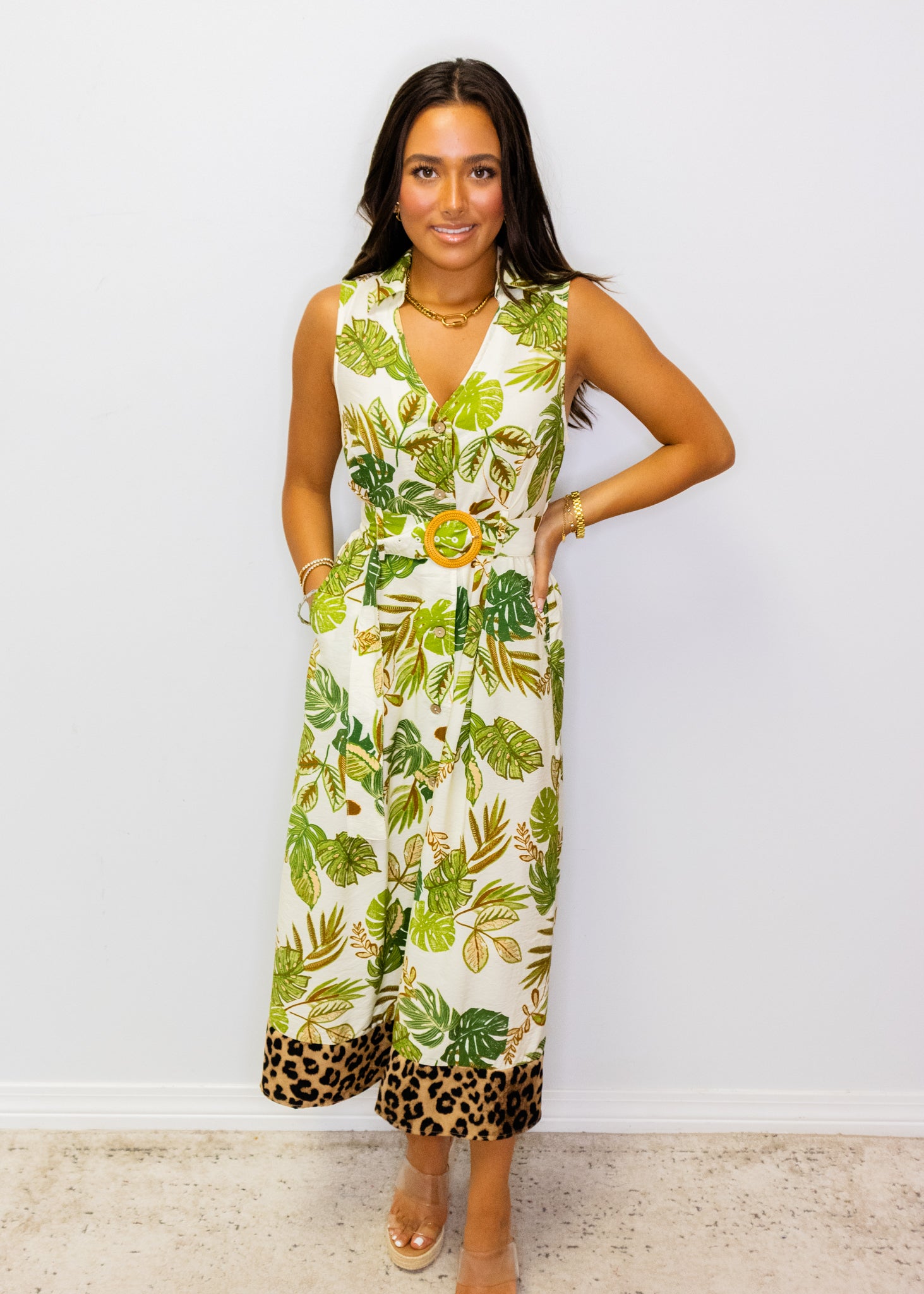 Green Tropical Belted Midi Dress