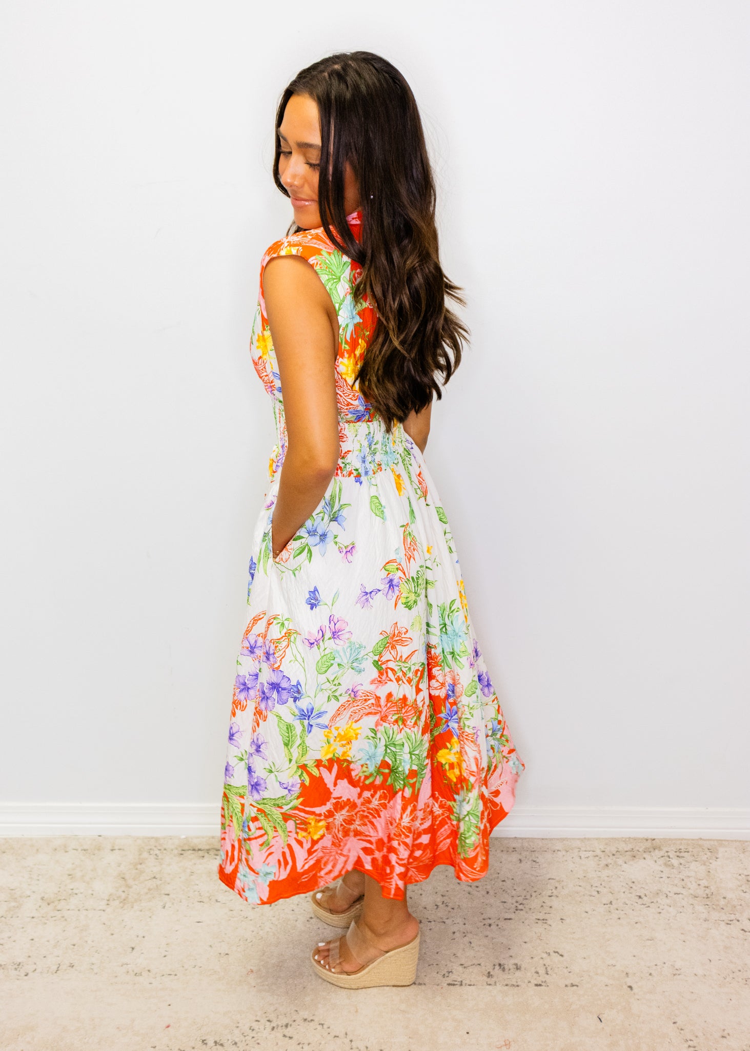 Red Multi Floral Smocked Midi Dress