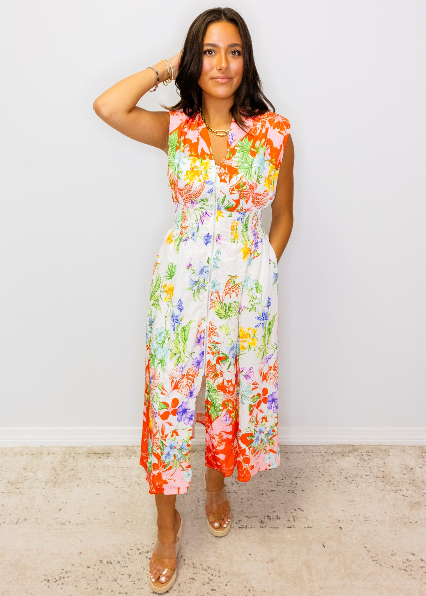 Red Multi Floral Smocked Midi Dress