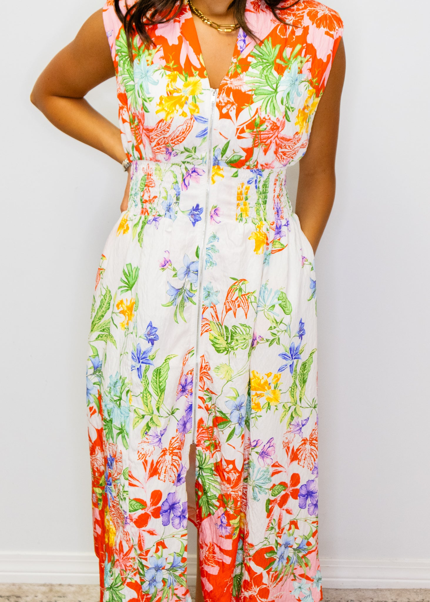Red Multi Floral Smocked Midi Dress