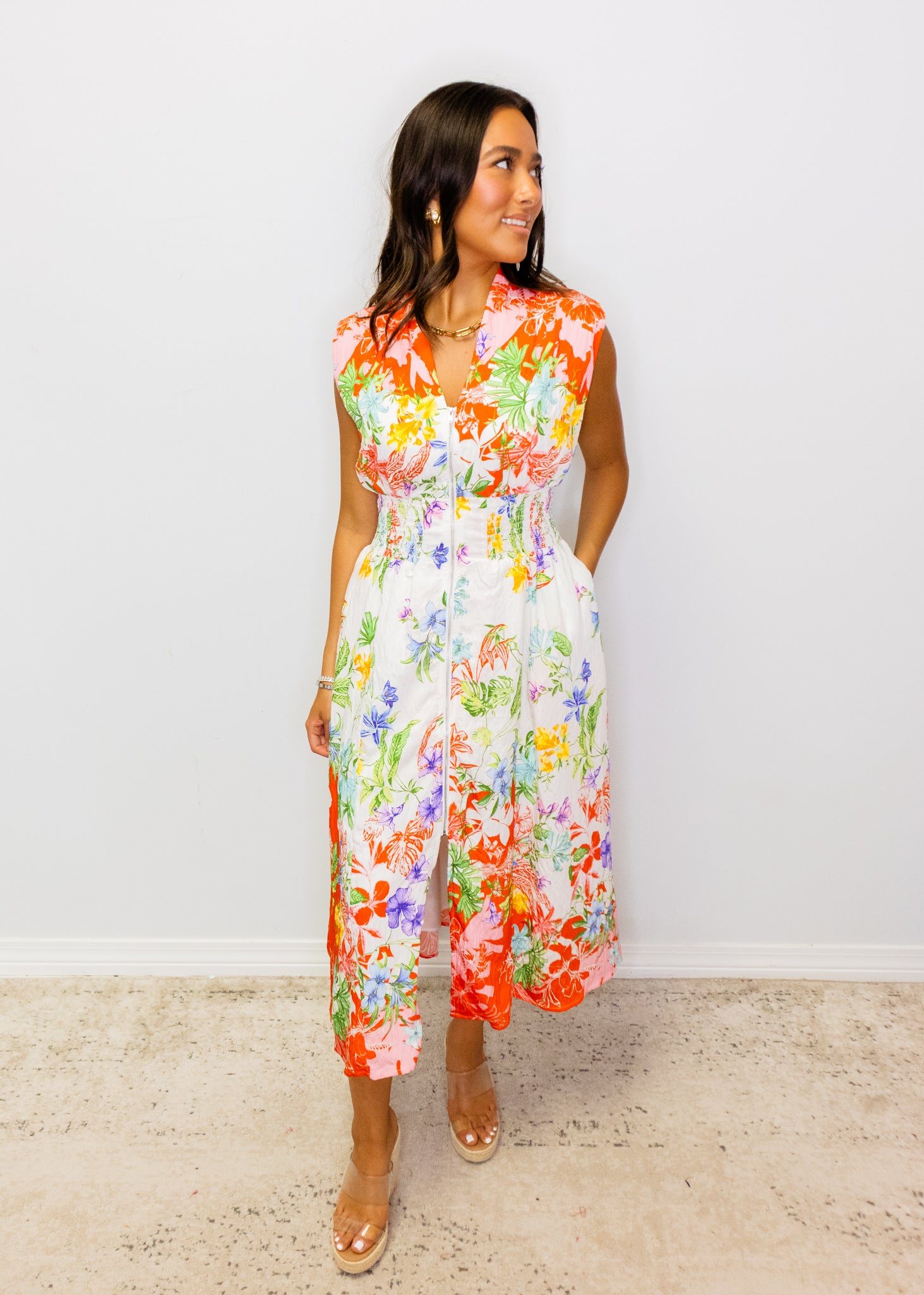 Red Multi Floral Smocked Midi Dress