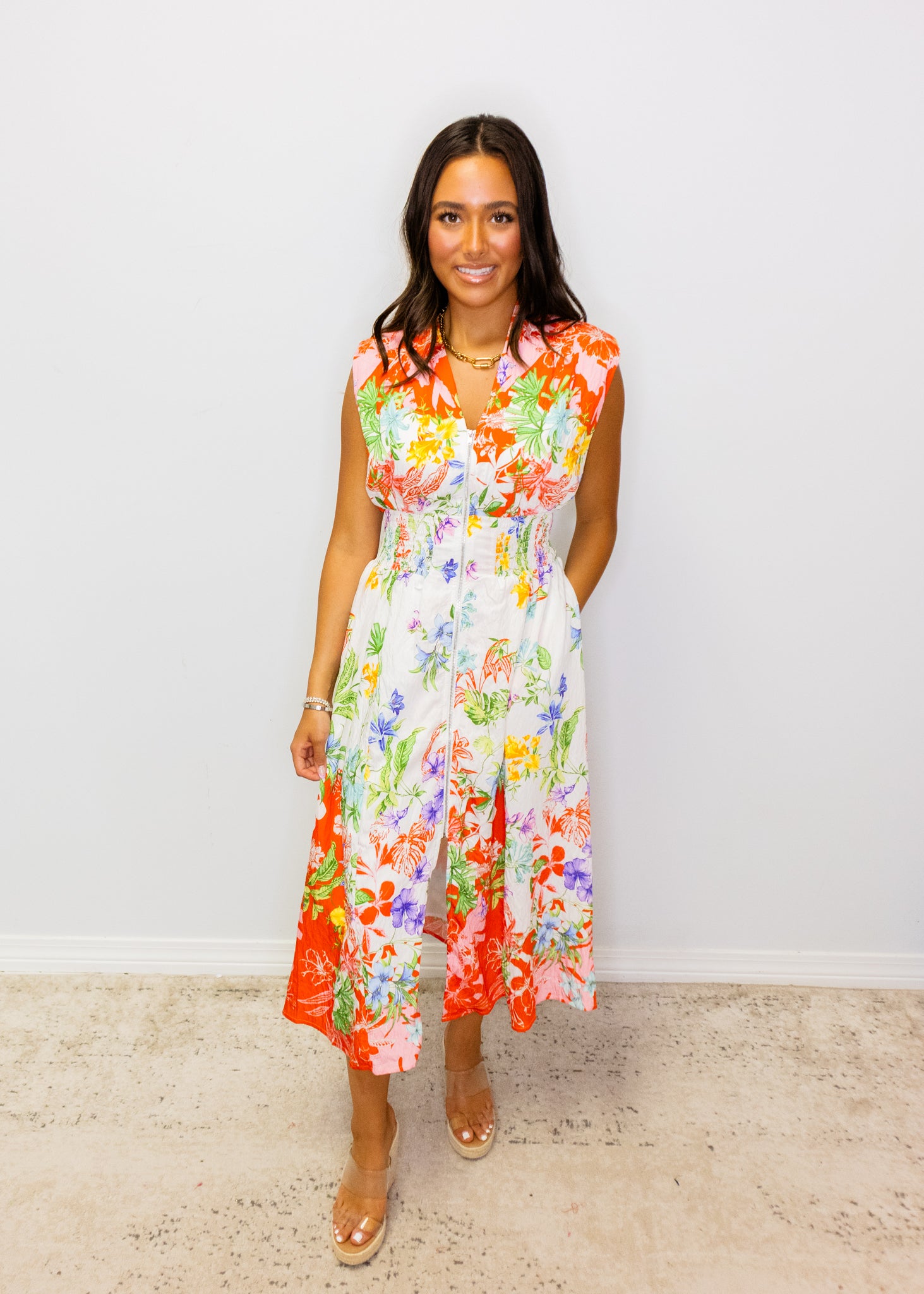 Red Multi Floral Smocked Midi Dress