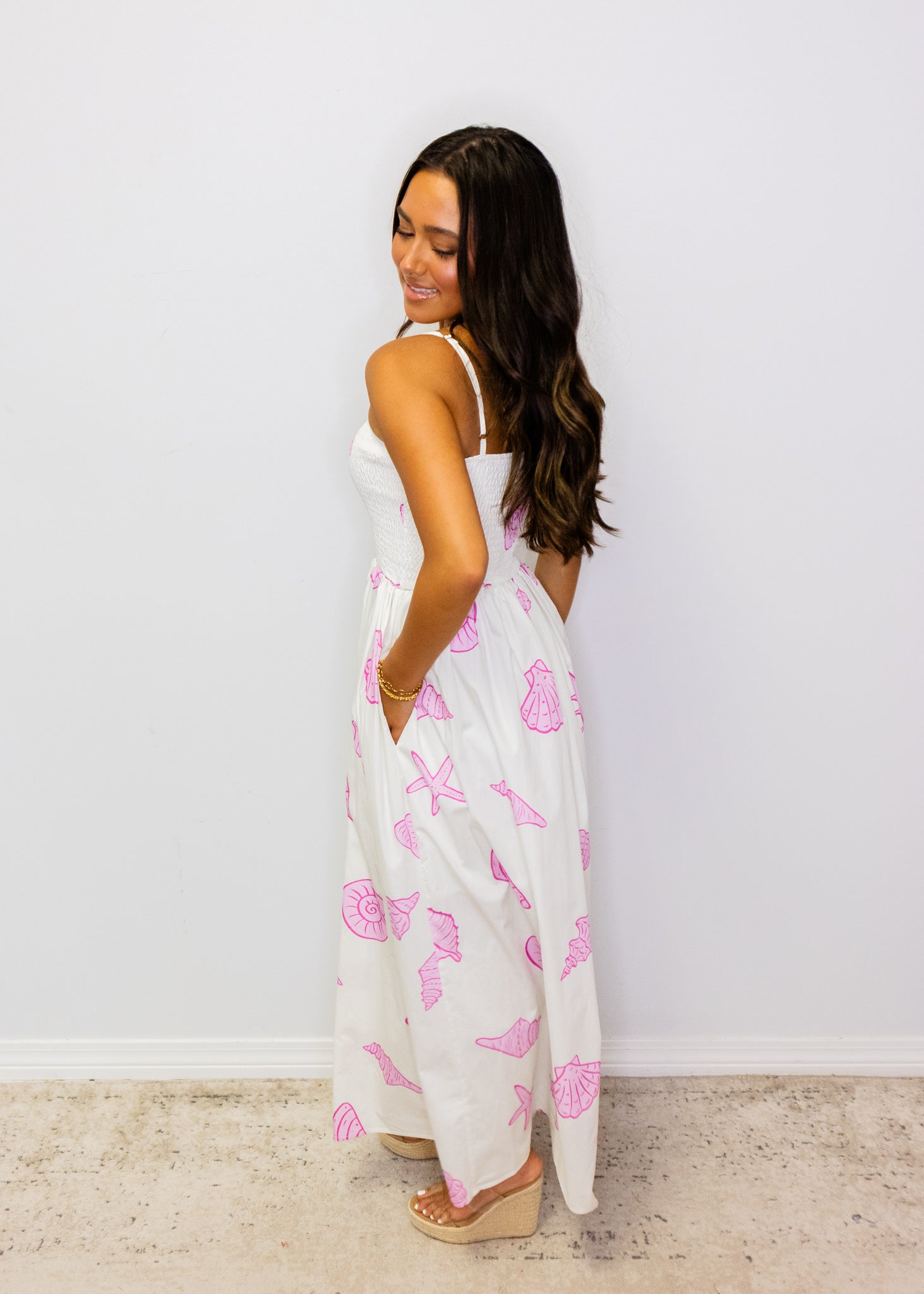 Pink Seashell Print Midi Dress