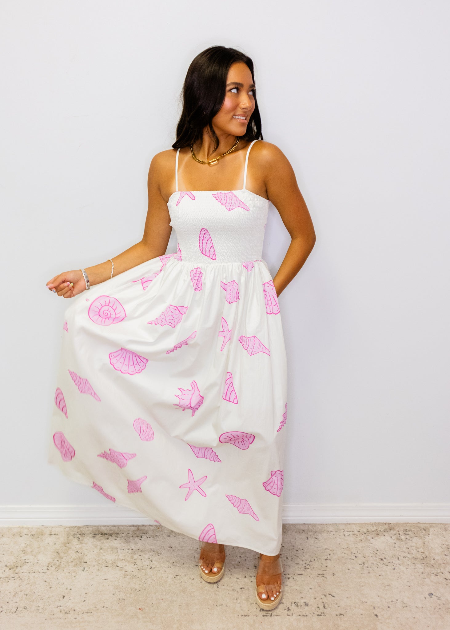 Pink Seashell Print Midi Dress