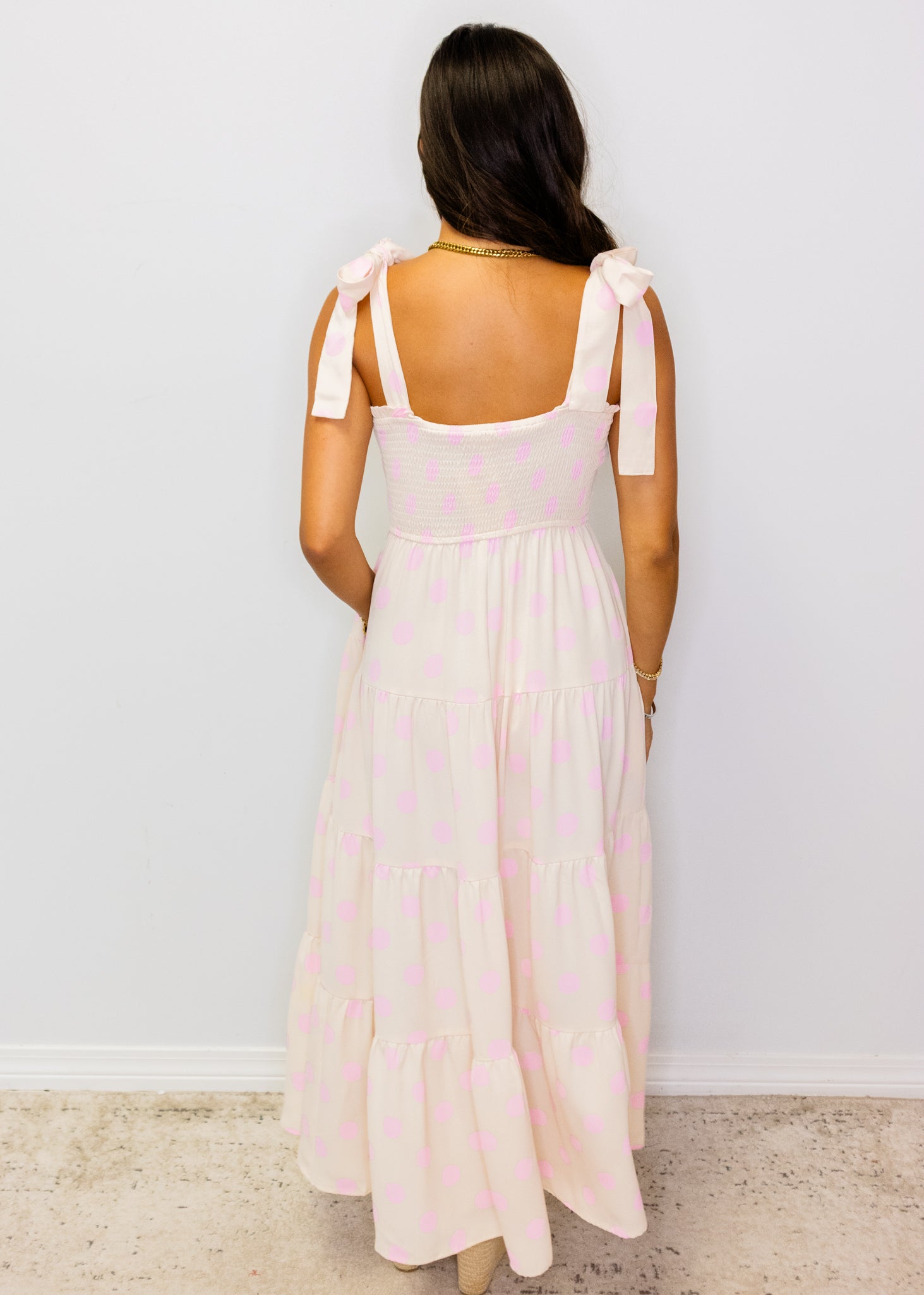 Pink Polka Dot Smock Midi Dress